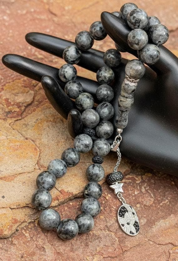 Massive Labradorite Tasbih: 925S Silver Black and silver artistic tassel, Islamic Prayer Beads