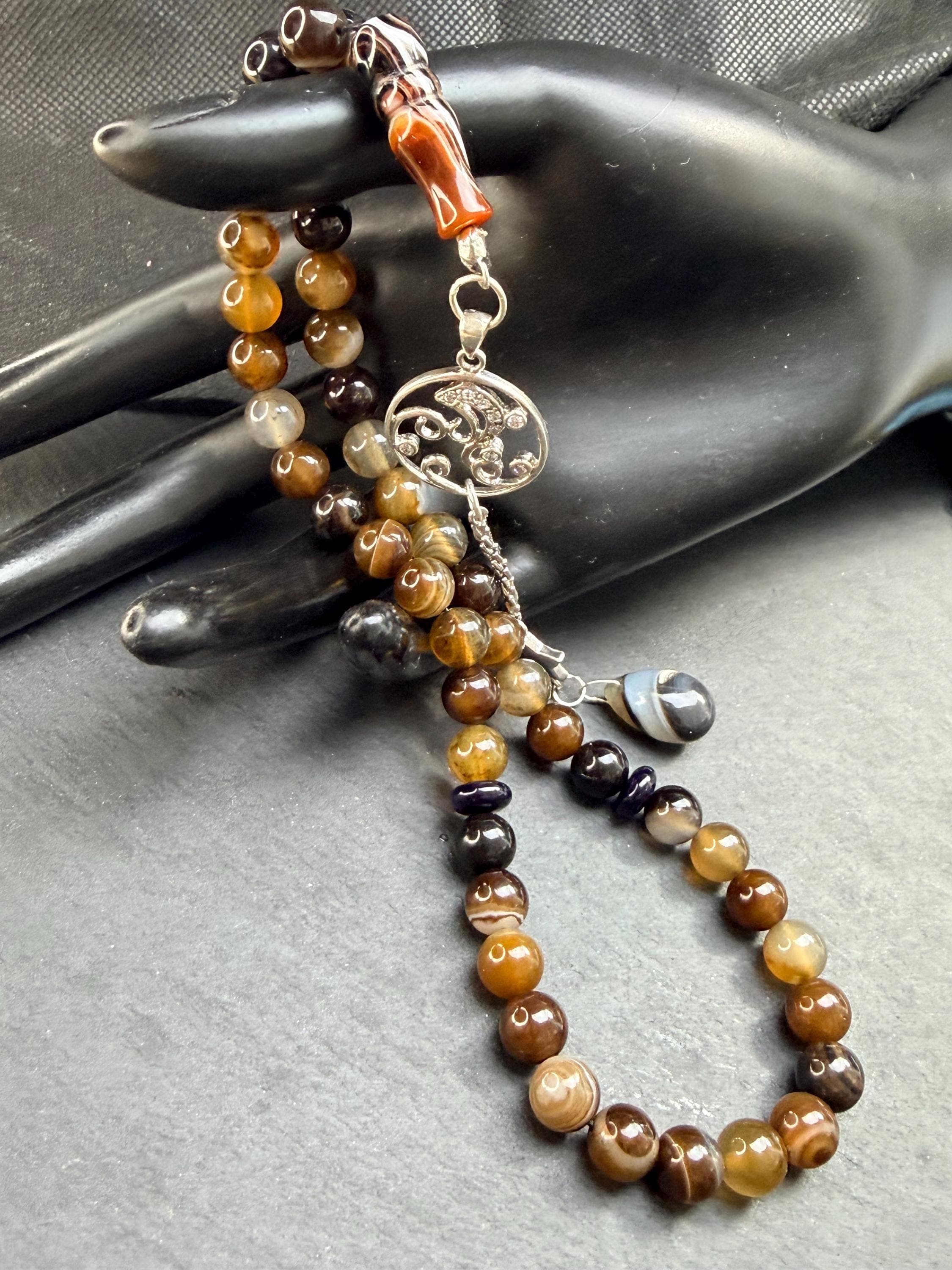 Natural Agate Tasbih, 925 Sterling silver Tassel, striped Aqeeq gemstone