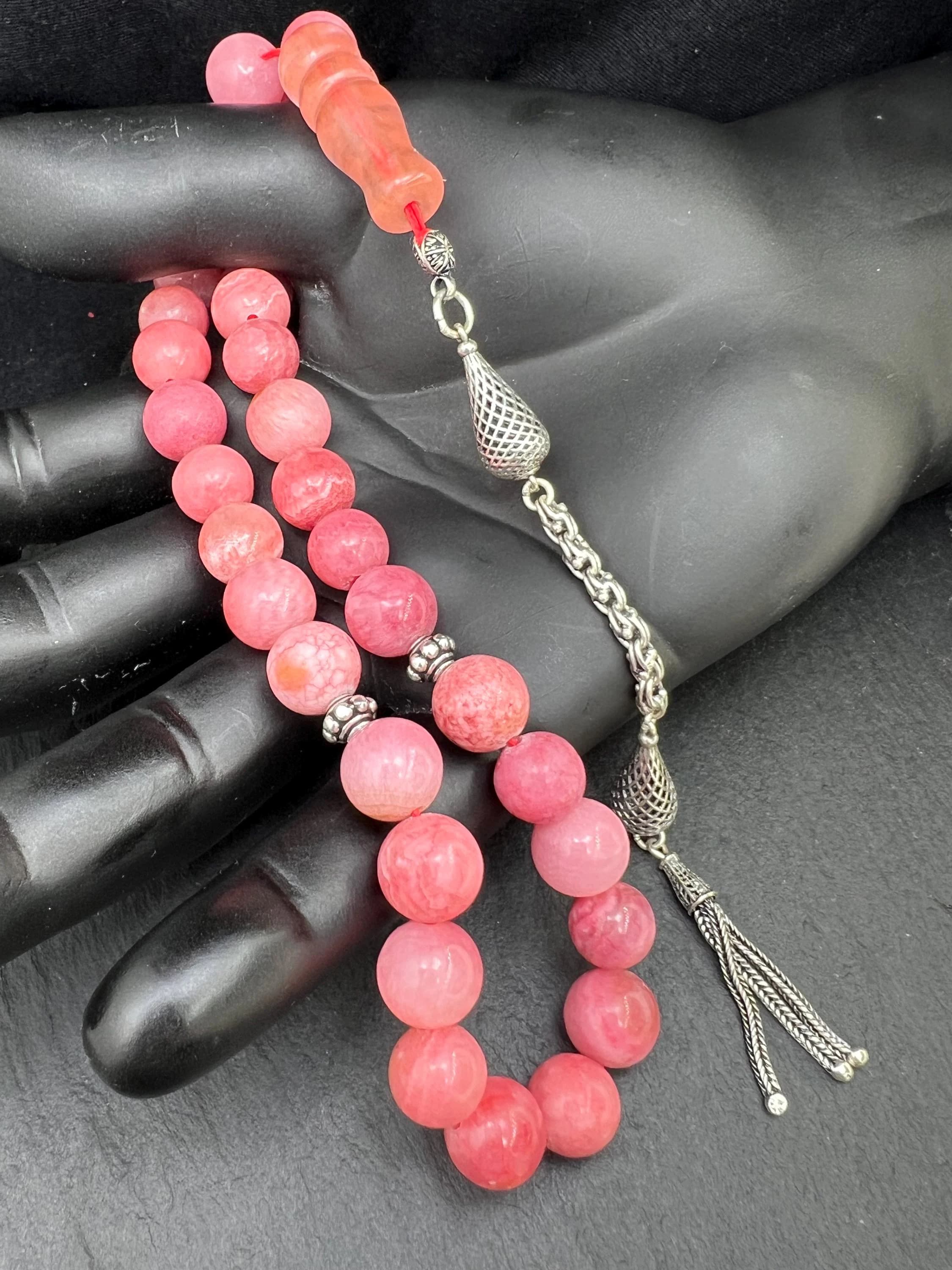 Rhodochrosite Tasbih, Prayer beads, Rosary, Misbaha, Ethnic Jewellery, Ramadan Eid Islamic gifts, 925 sterling silver tassel, handmade jewellery.