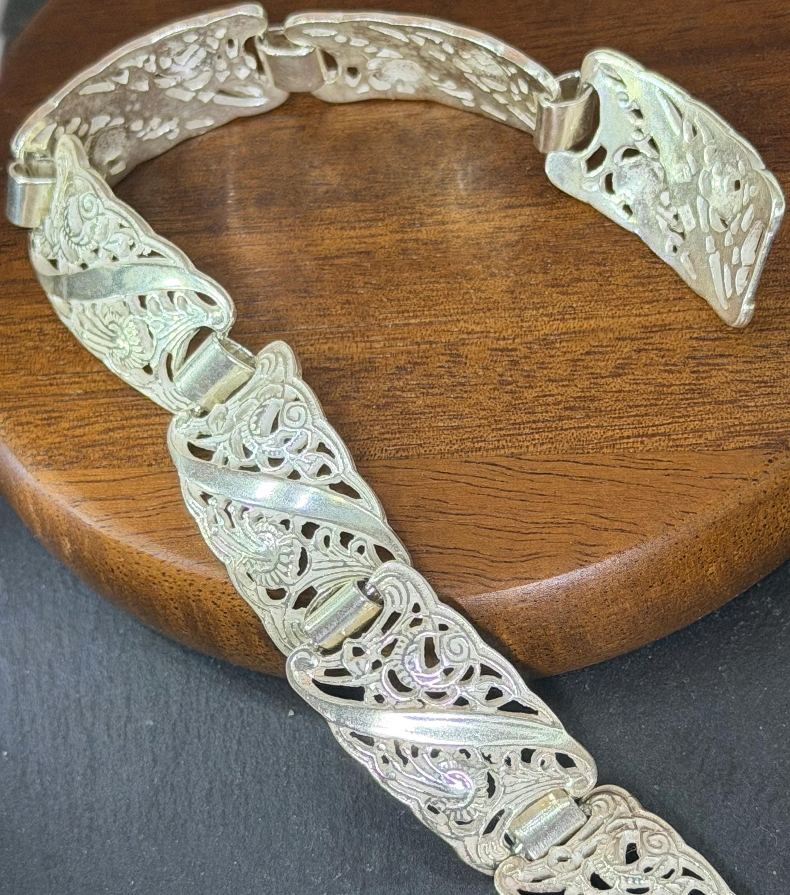 Vintage 925 Silver wide Bracelet, floral links every day jewellery - image 3