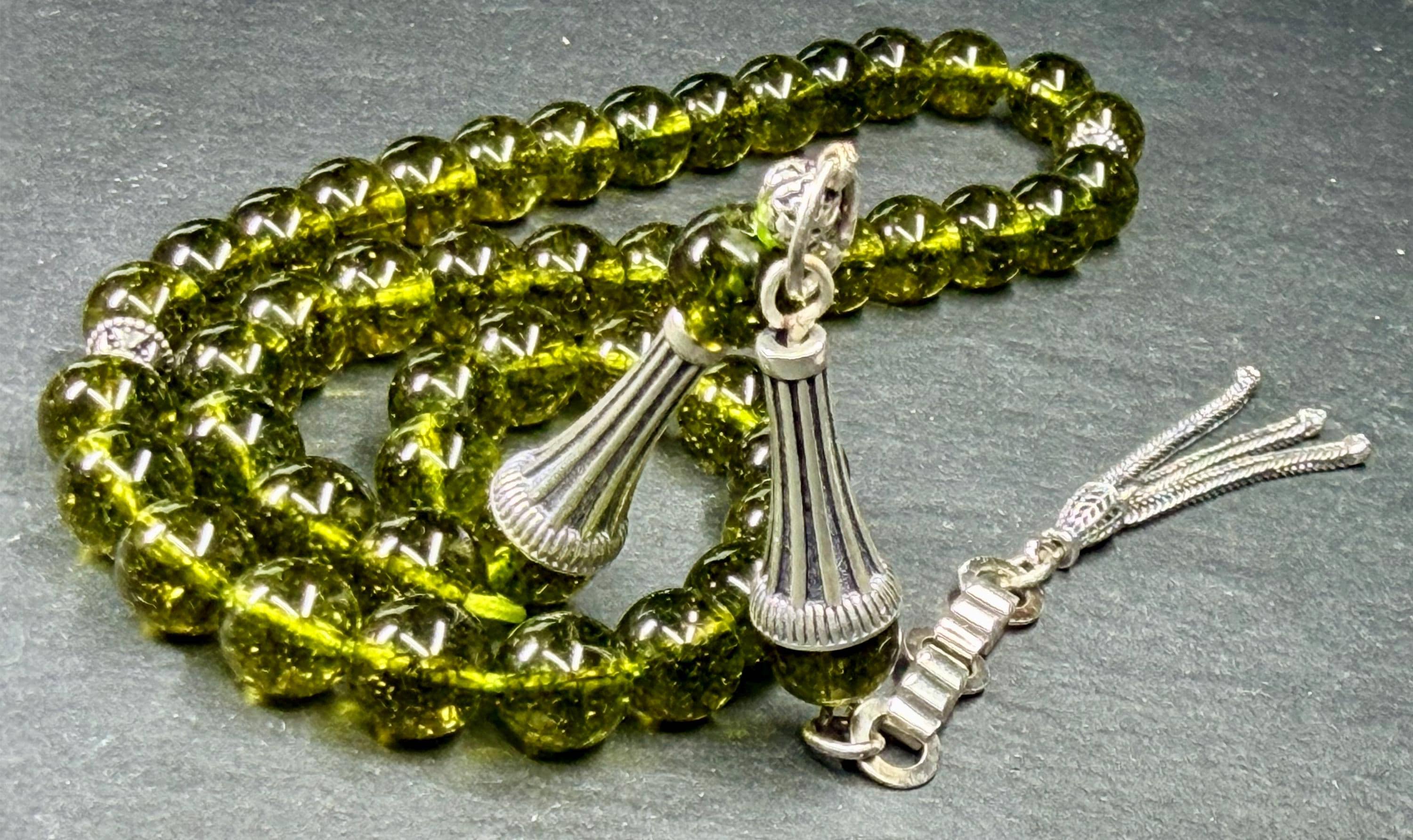 Peridot Tasbih: 925 Silver Tassel, Islamic Prayer Beads, Eid gift, natural stone beads