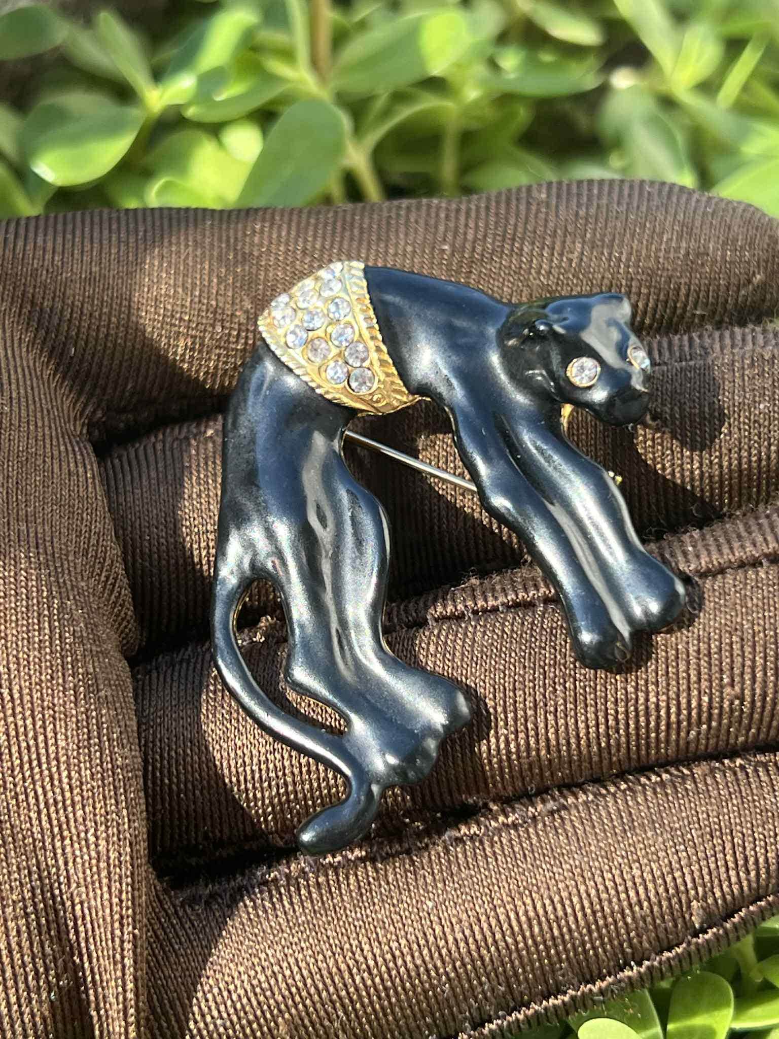 Vintage Black Panther Brooch | Rhinestone Accents | Sleek Animal Pin