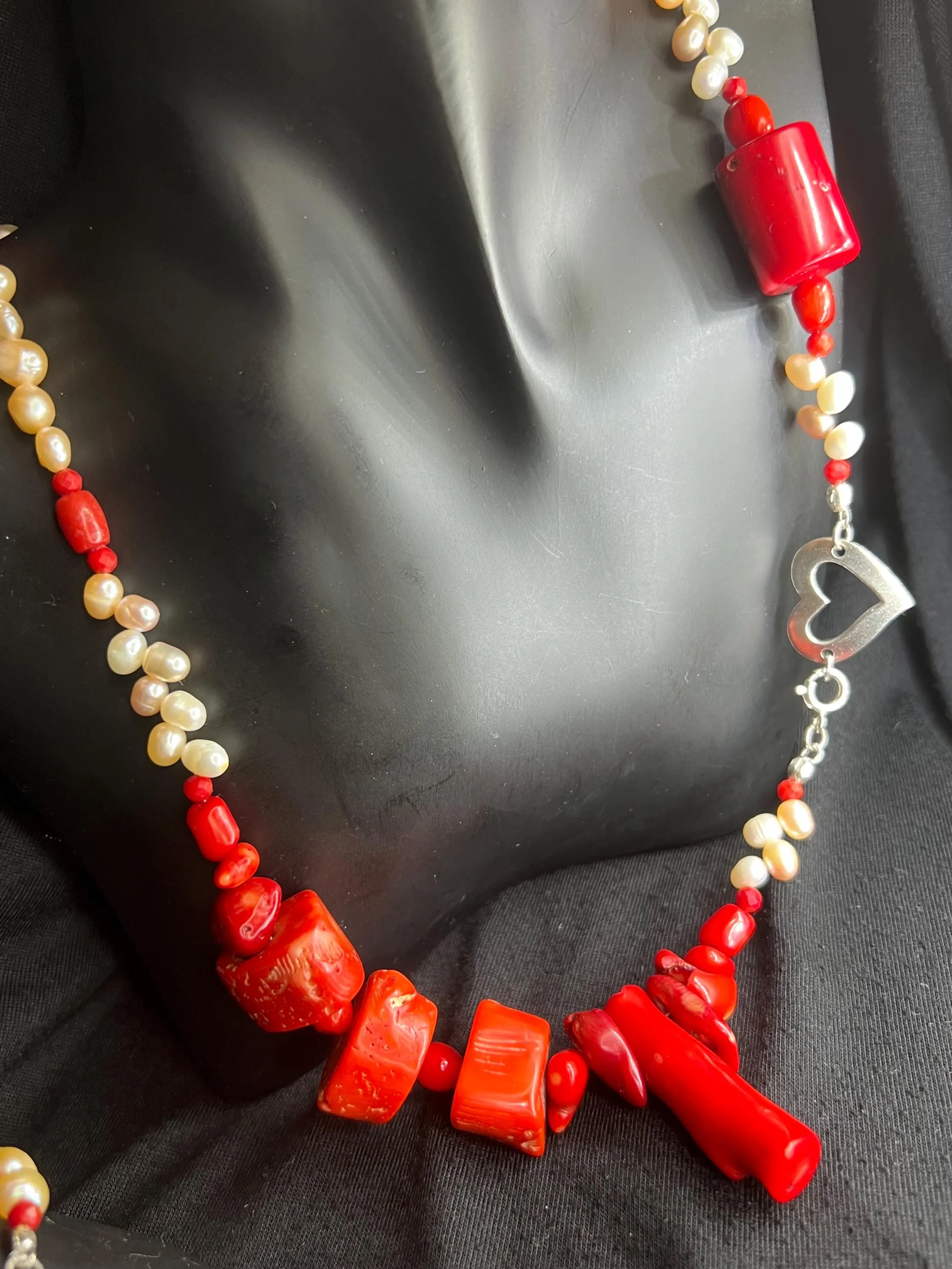 White and red Set, Necklace, Bracelet & Earring, natural Pearls and Coral jewellery, 925 Sterling Silver