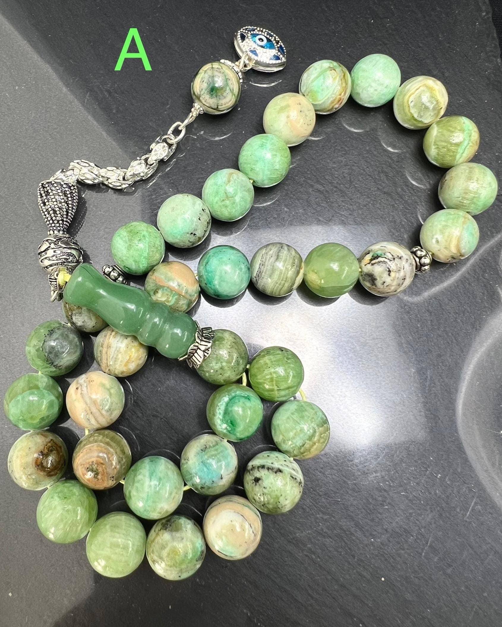 Phoenix Jade Tasbih: 925 Silver Tassel, Islamic Prayer Beads