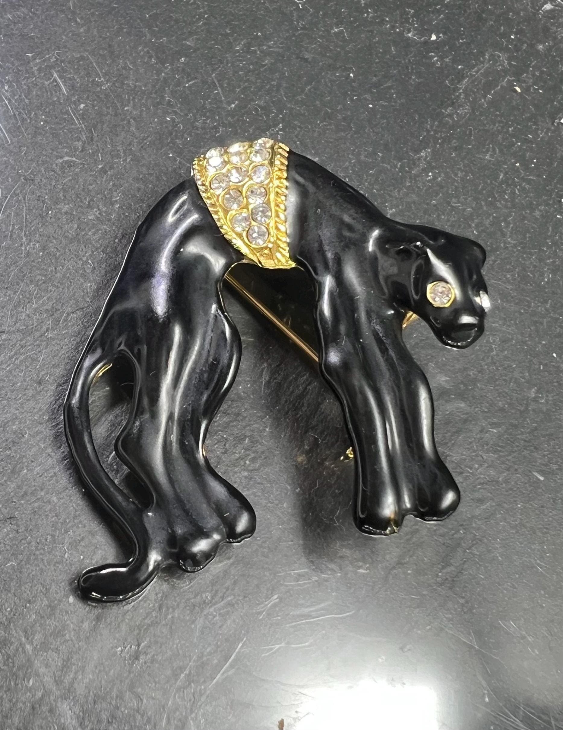 Vintage Black Panther Brooch | Rhinestone Accents | Sleek Animal Pin - image 5