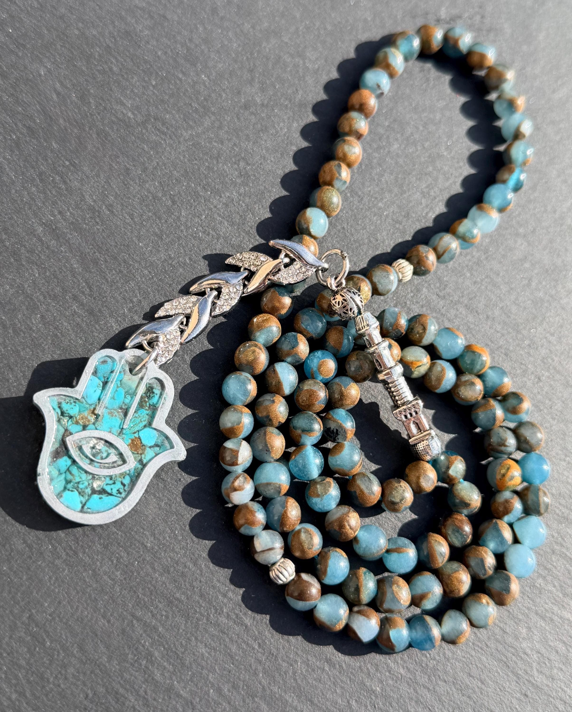 Turquoise pendant in Tasbih 99, bluestone with Hamsa, Islamic Misbaha, throat chakra energy