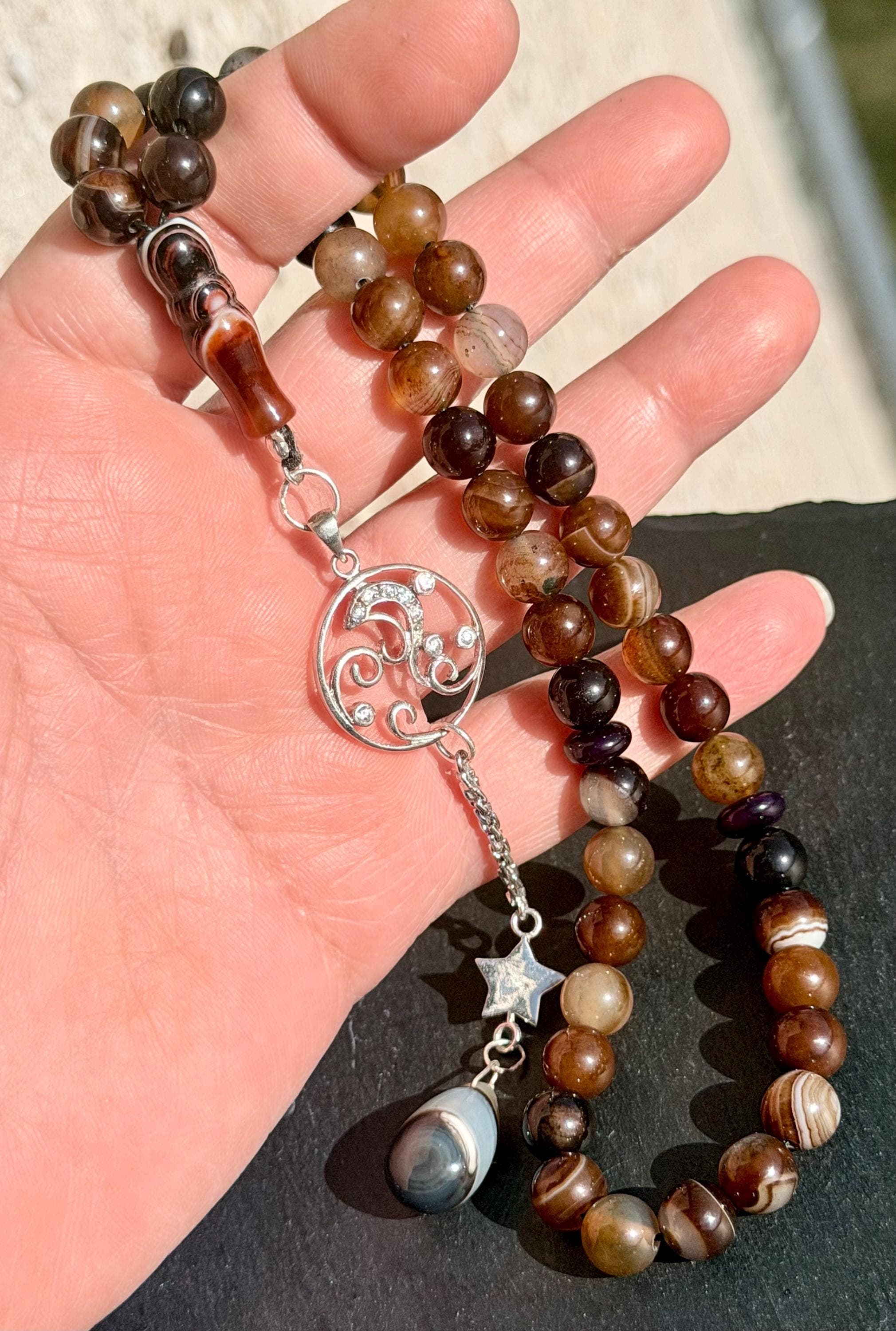 Natural Agate Tasbih, 925 Sterling silver Tassel, stripped Aqeeq gemstone on hand