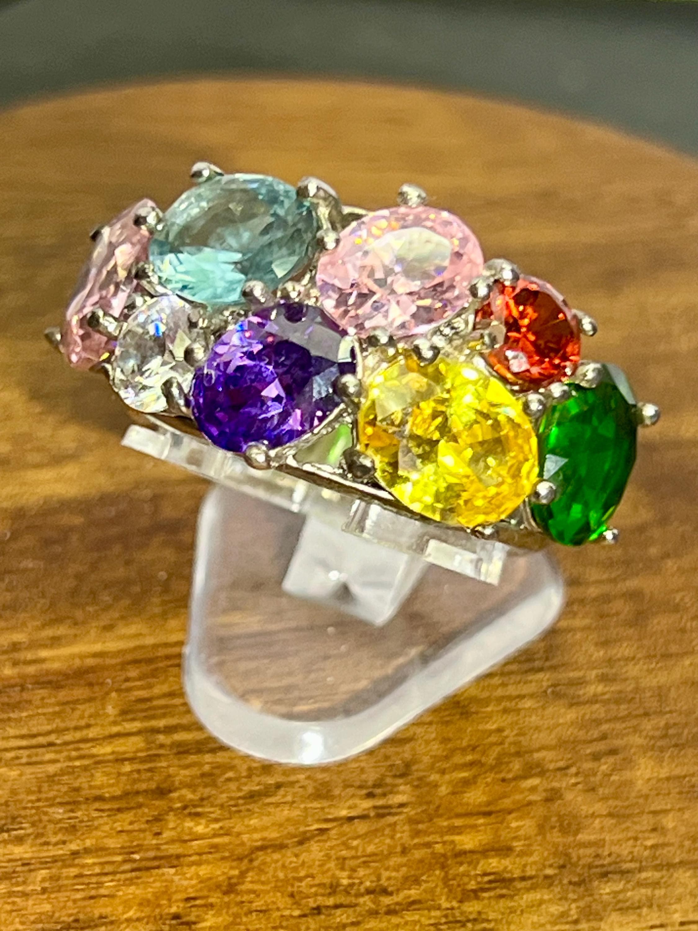 Sterling Silver Ring with Multicolor Gemstone Cluster 925 SC Vintage Cocktail Jewellery