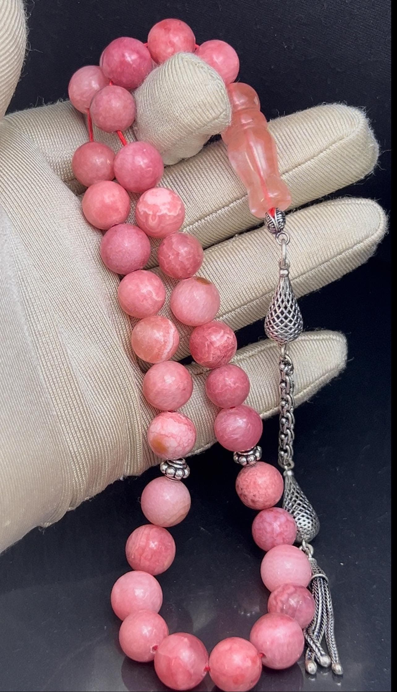 Rhodochrosite Tasbih, Prayer beads, Rosary, Misbaha, Ethnic Jewellery, Ramadan Eid Islamic gifts, 925 sterling silver tassel, handmade jewellery.