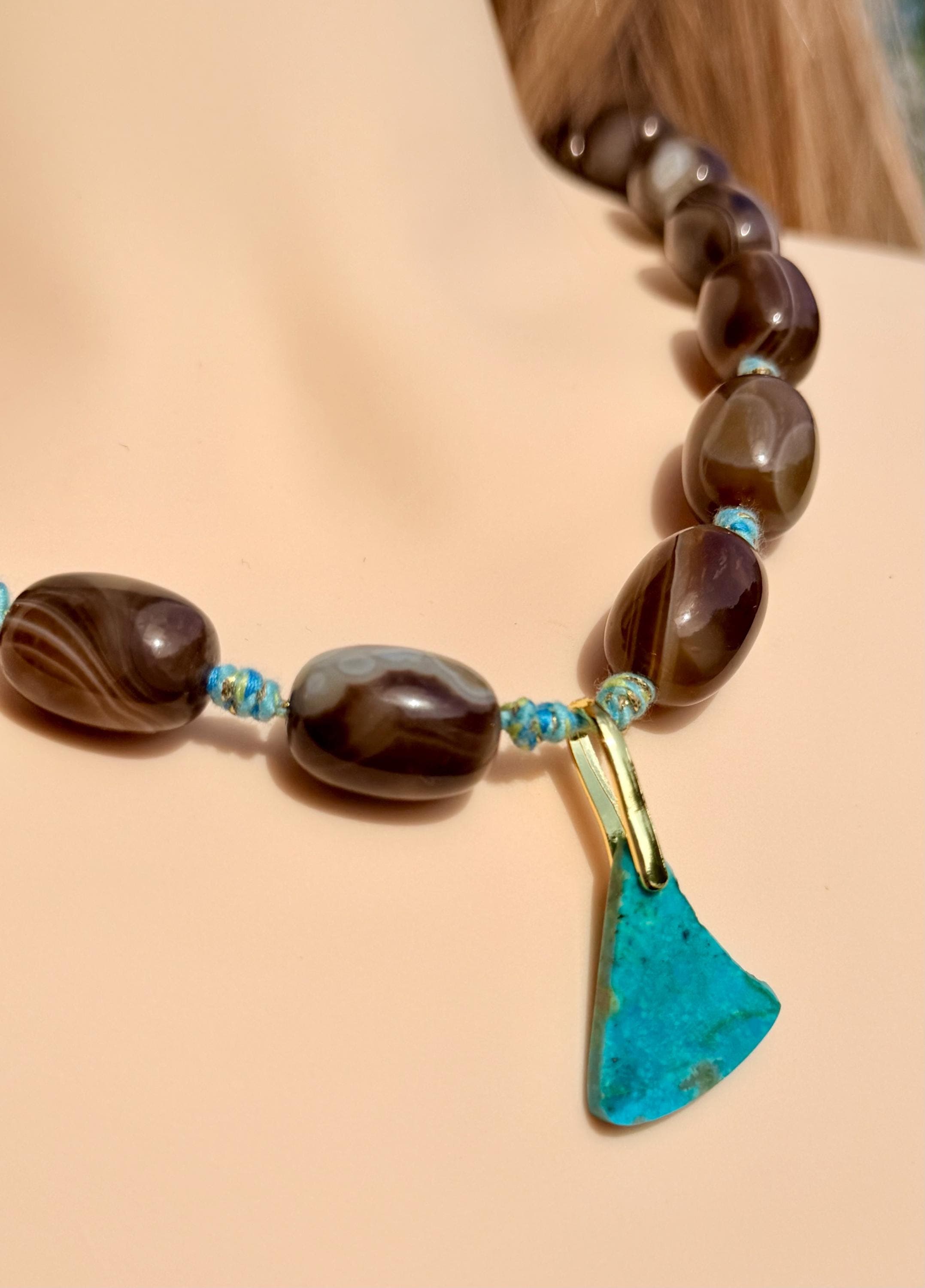 Chunky Agate Turquoise Necklace, 18K Gold Plated Sterling Silver Pendant