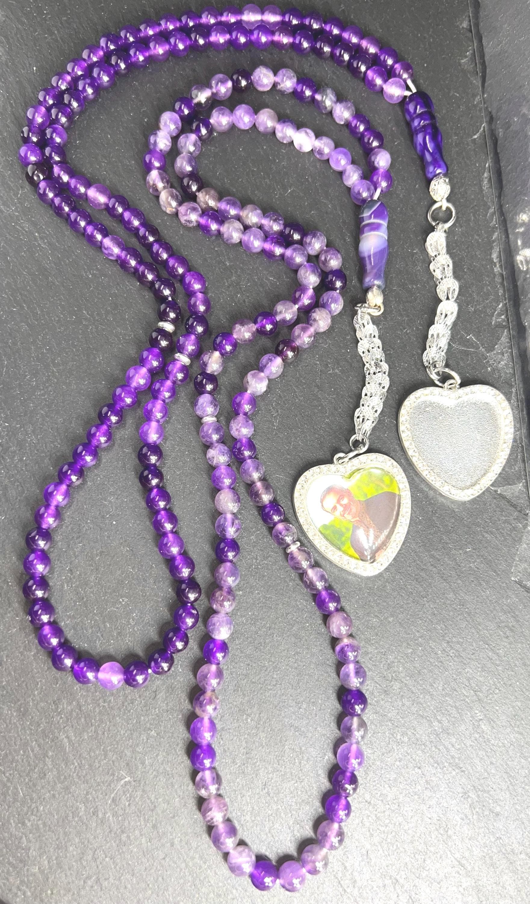 Amethyst 99-bead Tasbih, deep violet gemstone, and a shimmering silver-tone heart-shaped pendant , perfect for adding a personal photo