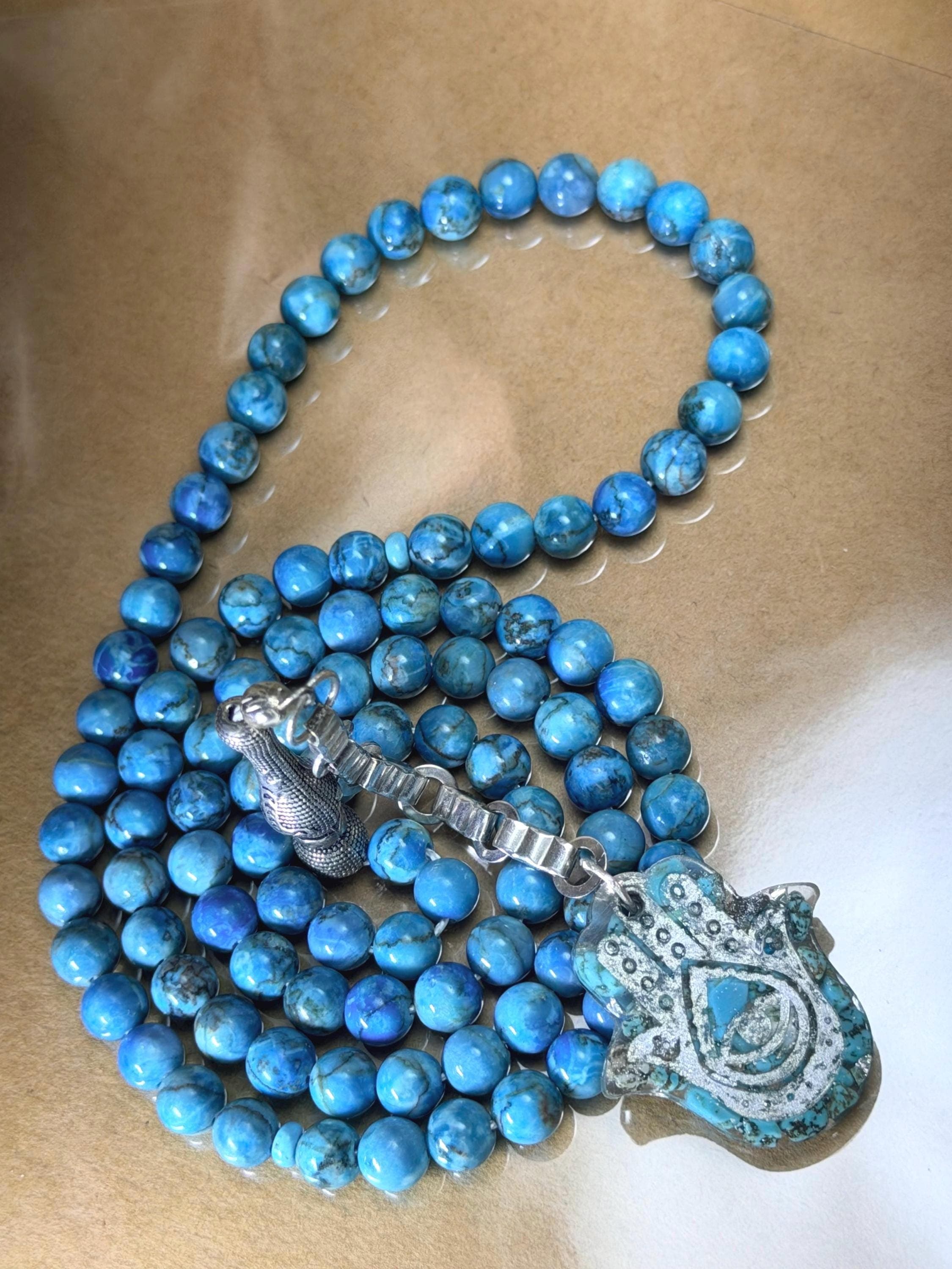 Turquoise Tasbih 99, natural south African Turquoise, Fatma hand and Imam Ali Sward