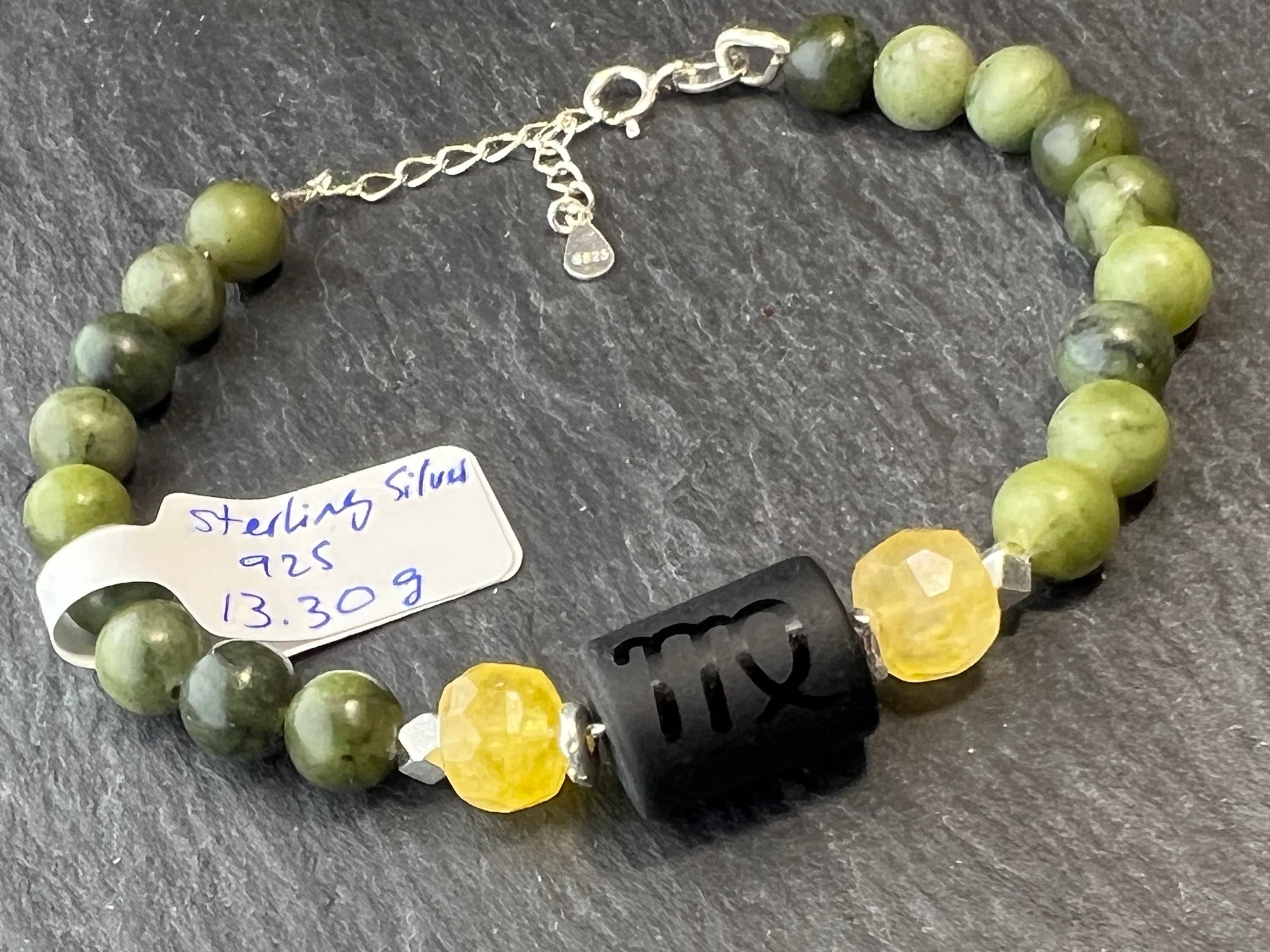 Virgo Zodiac Bracelet: Canadian Jade, Citrine and Onyx, 925 Sterling Silver
