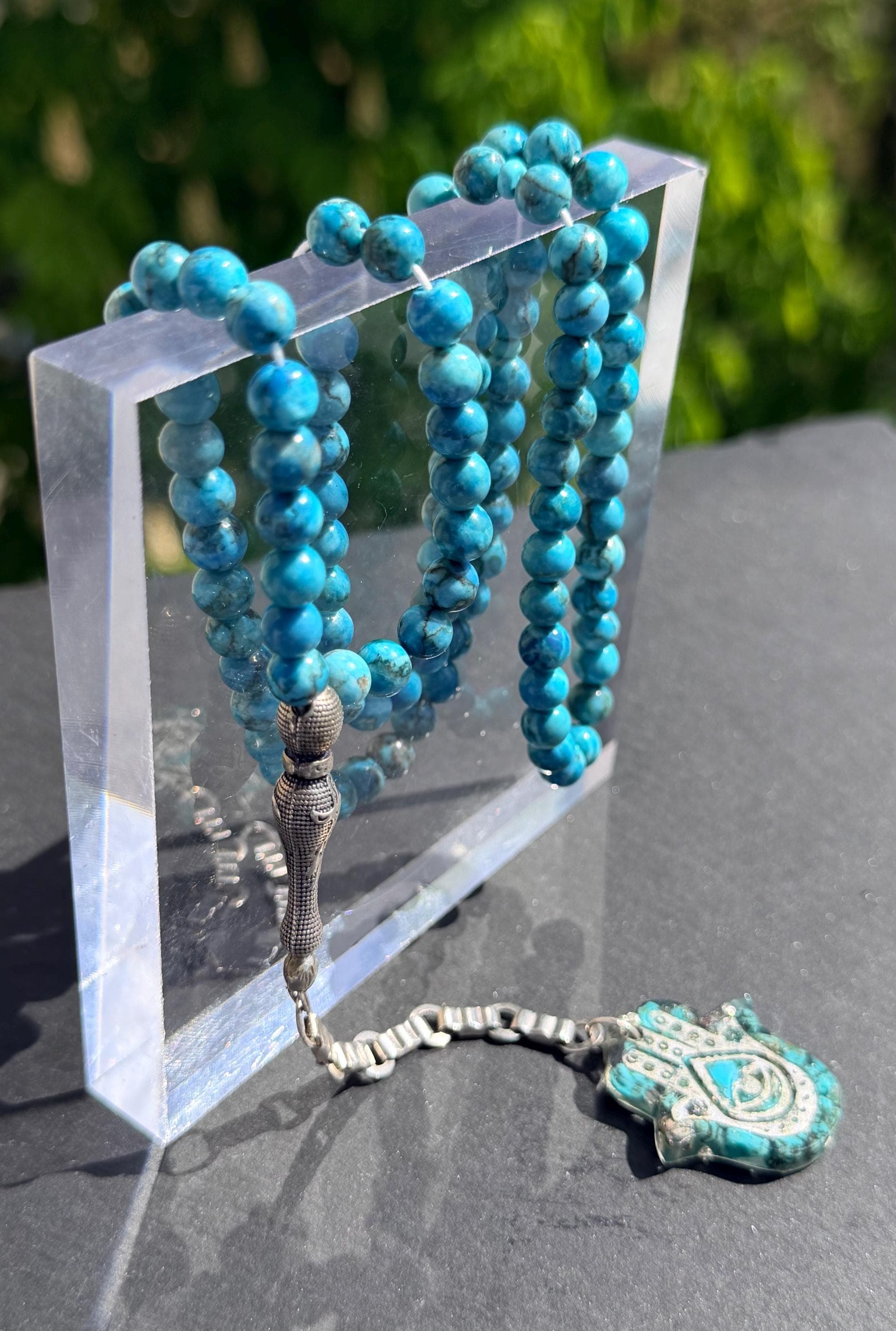 Turquoise Tasbih 99, natural south African Turquoise, throat chakra energy, Islamic ethnic Hamsa pendant