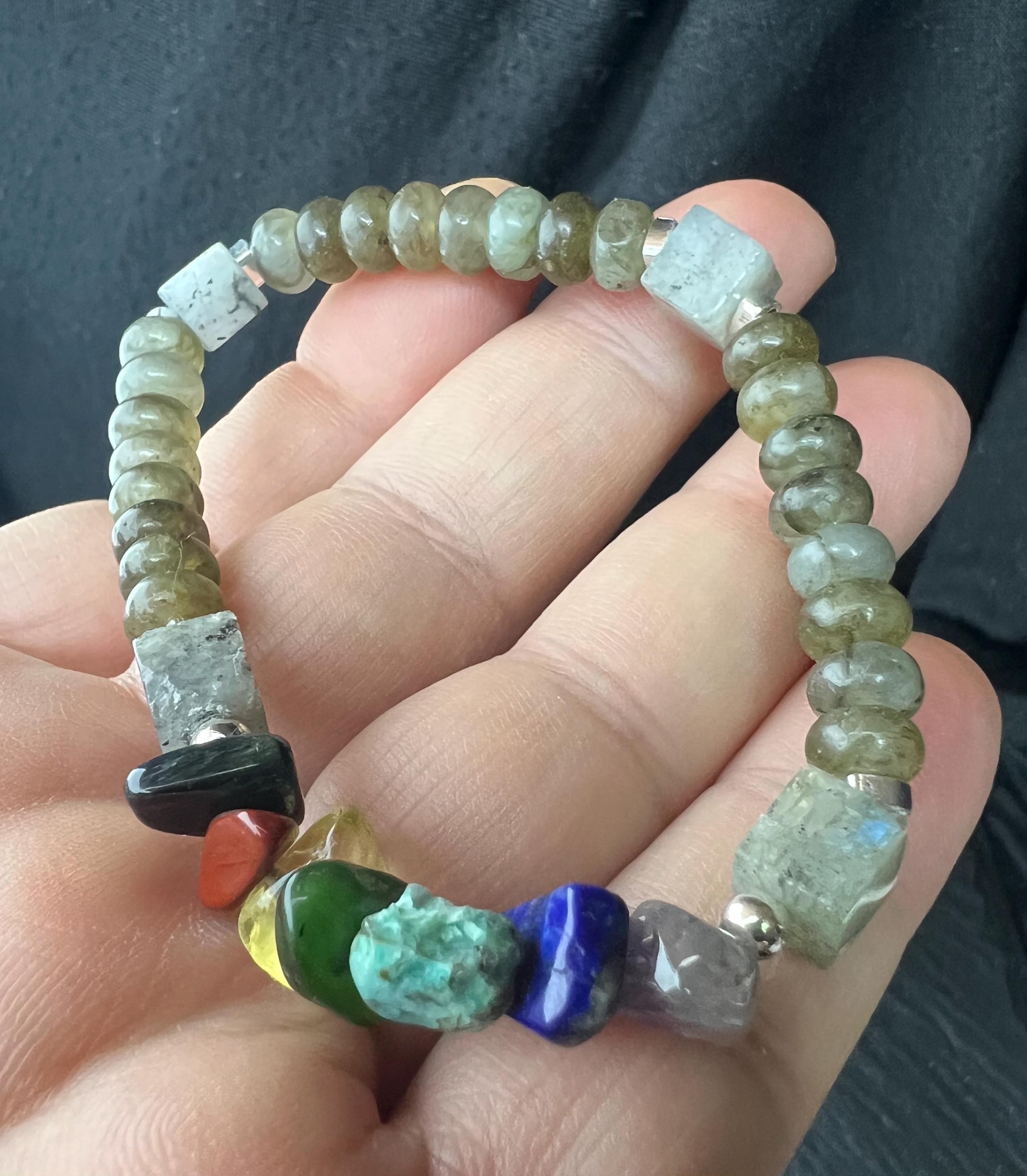 Handmade Labradorite & 7 Chakras Gemstone Bracelet: Sterling Silver Accents
