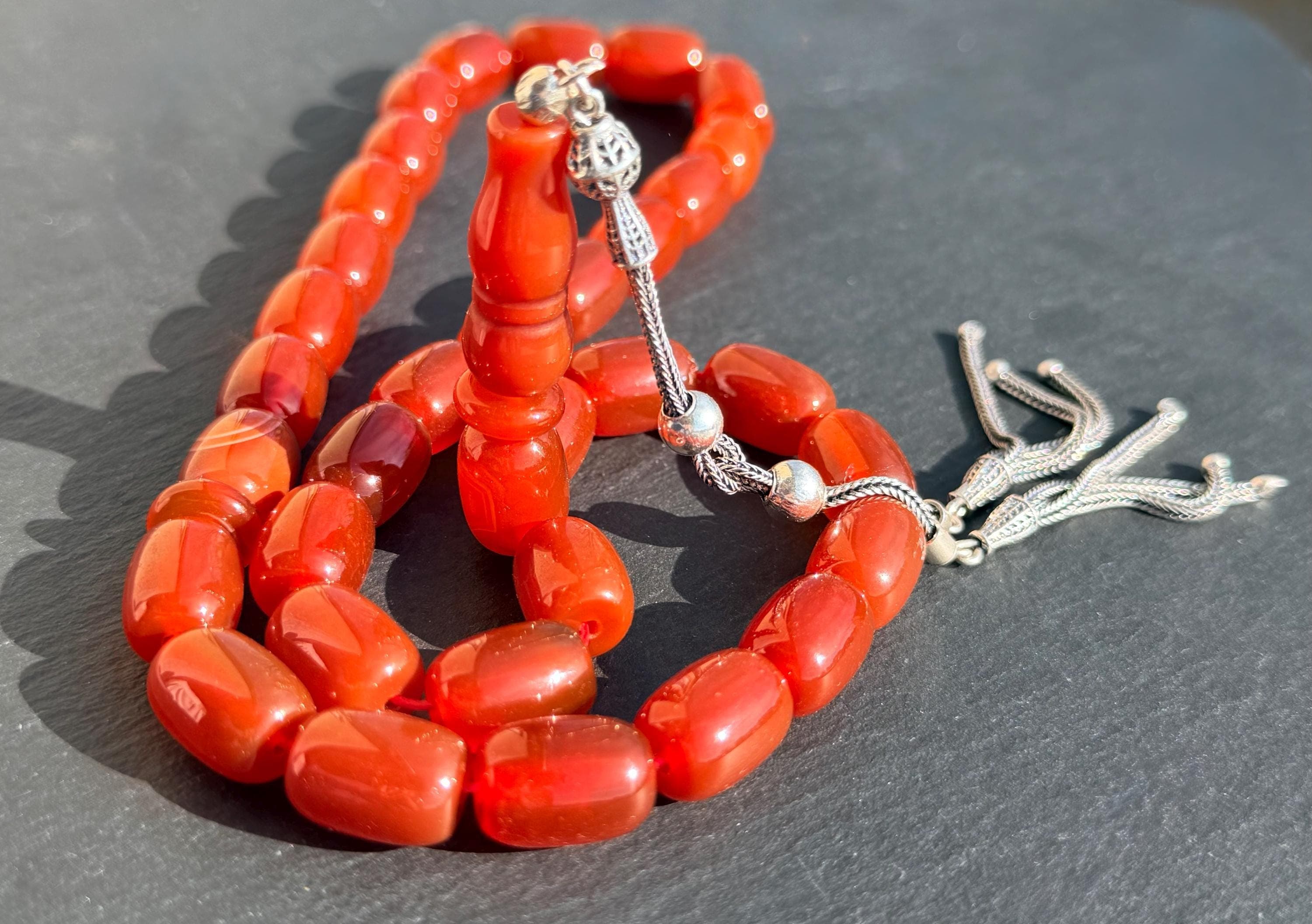 Red Agate Tasbih Prayer Beads: Sterling Silver Tassel, Islamic Gift