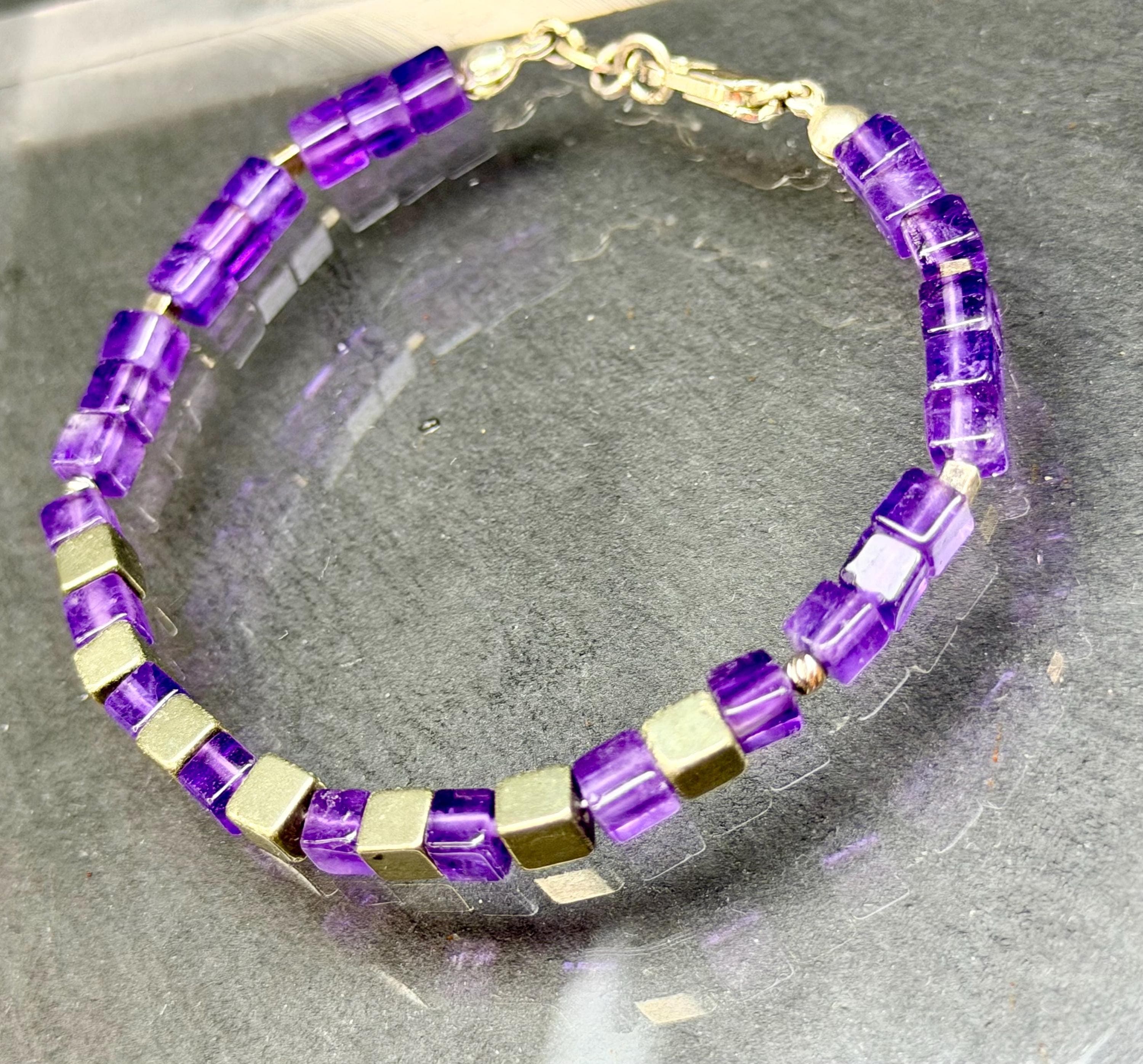 Amethyst and Pyrite Beaded Bracelet, Crown Chakra Energy Healing energy