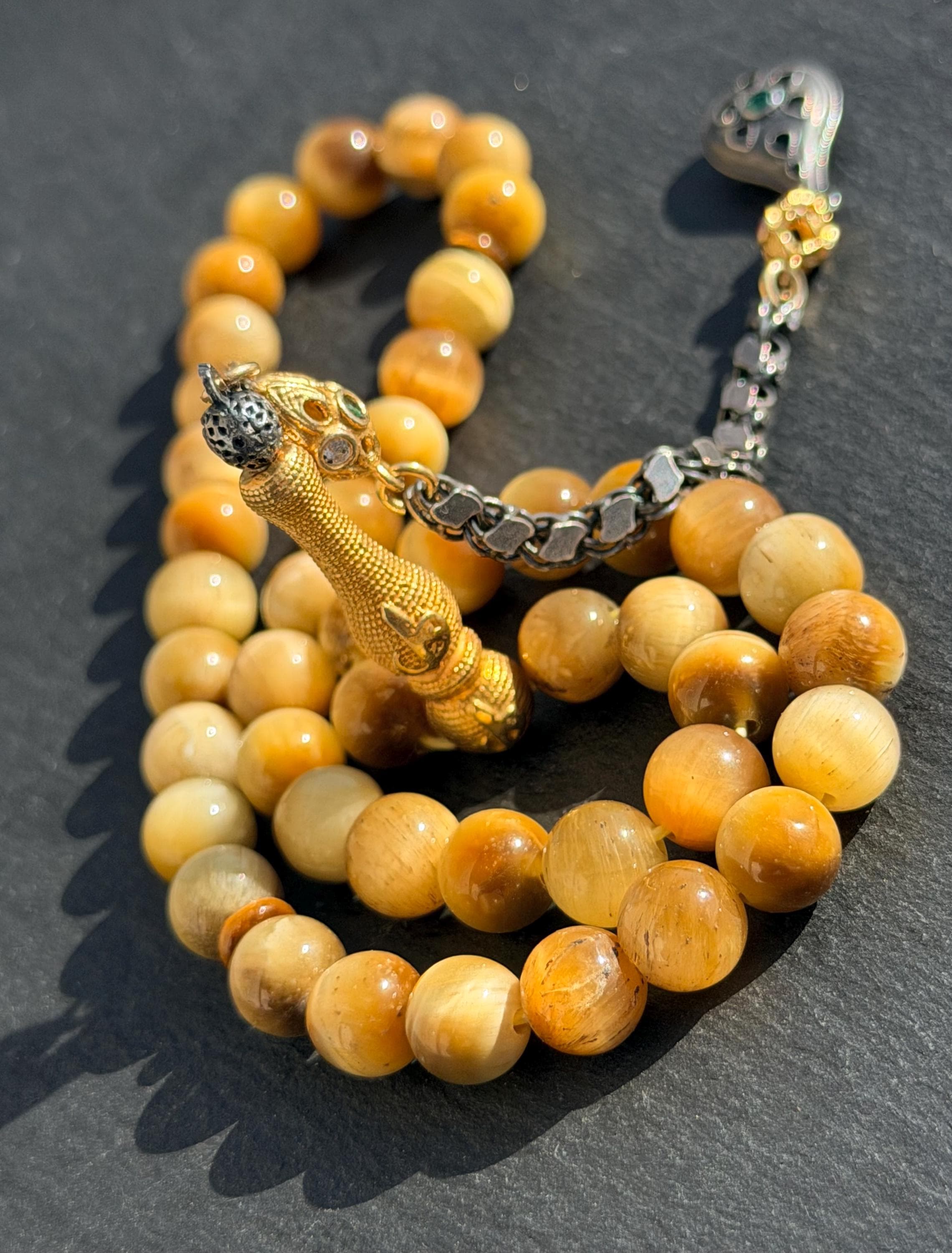 Natural golden cat's eye stone tasbih, Islamic misbaha, 925 sterling silver gold-plated tassel