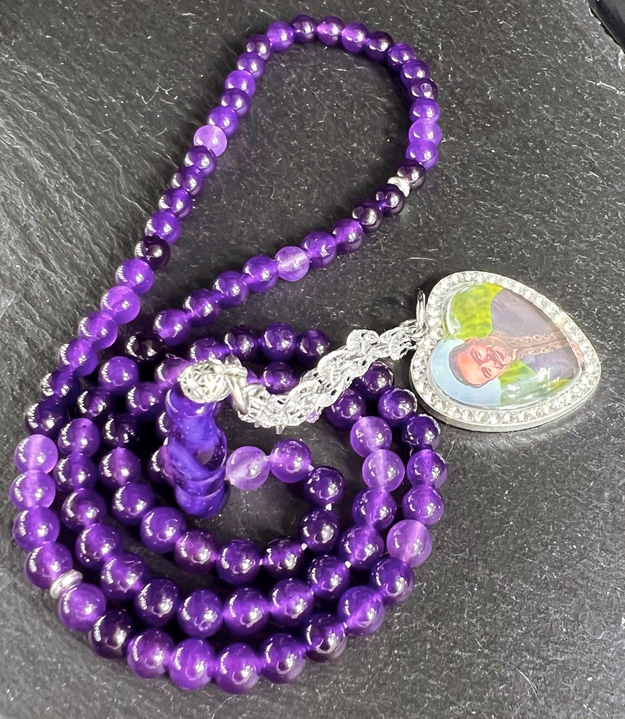 Amethyst 99-bead Tasbih, deep violet gemstone, and a shimmering silver-tone heart-shaped pendant , perfect for adding a personal photo