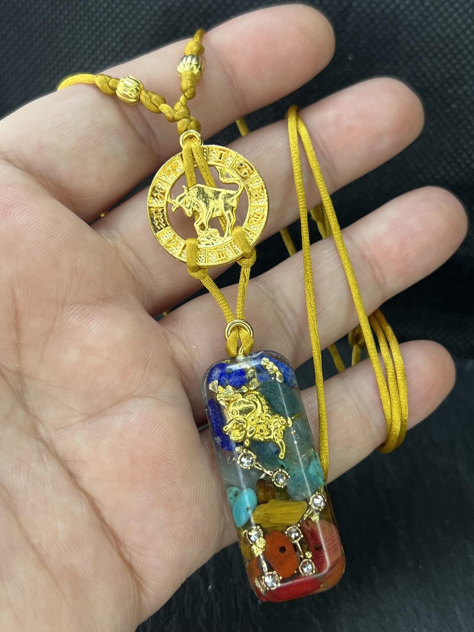 Zodiac sign necklace, Taurus chakras stones resin pendant, meditation energy