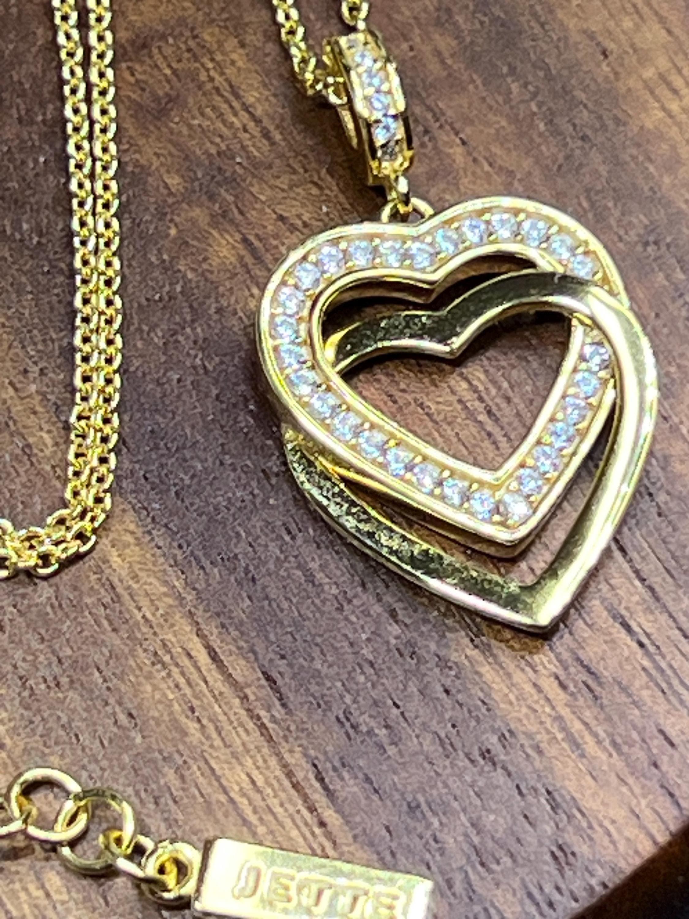 Designer Necklace by JETTE, 925 Sterling Silver, Gold-Plated, Double Heart Pendant with Cubic Zirconia, close up
