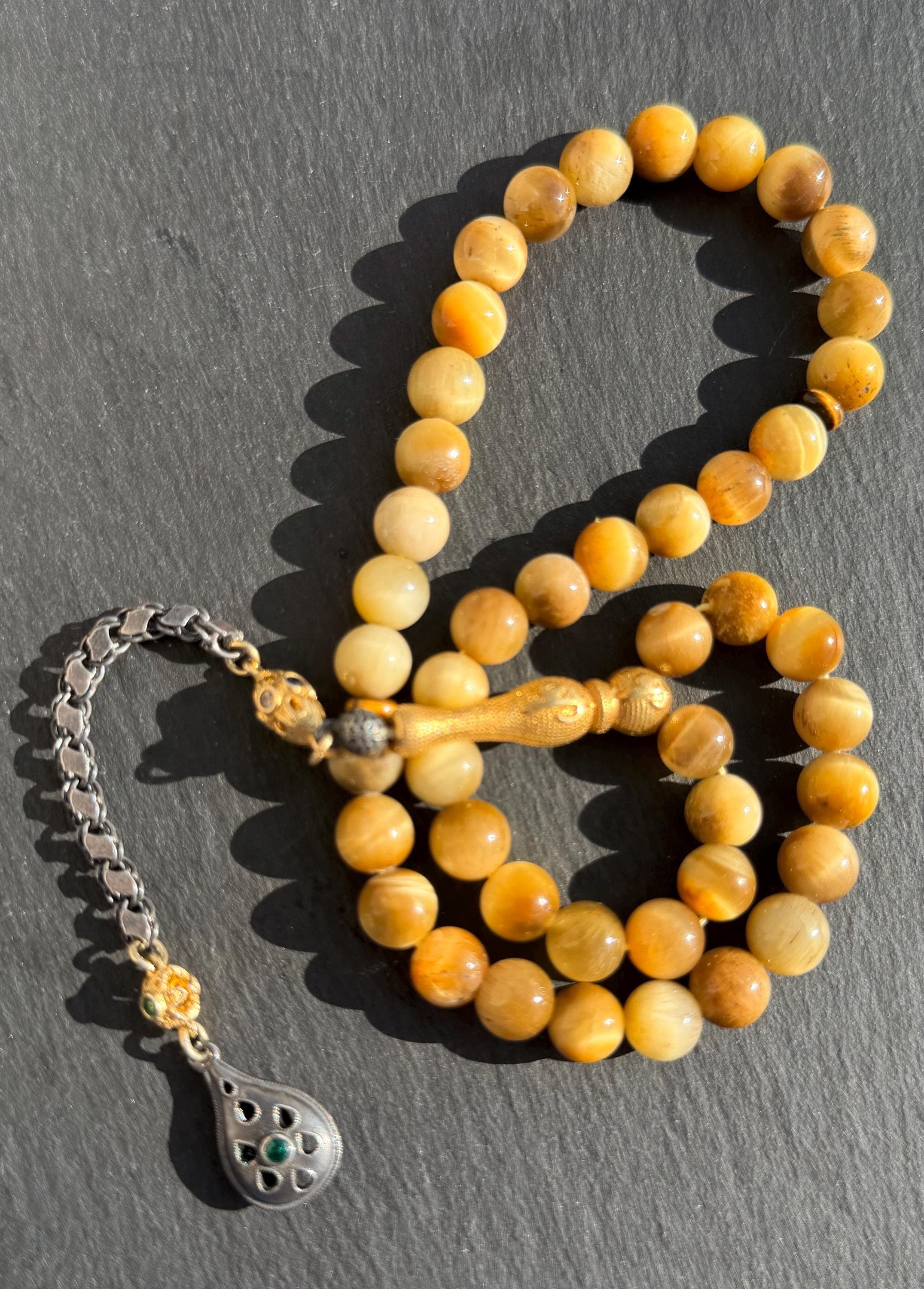 Natural golden cat's eye stone tasbih, Islamic misbaha, 925 sterling silver gold-plated tassel