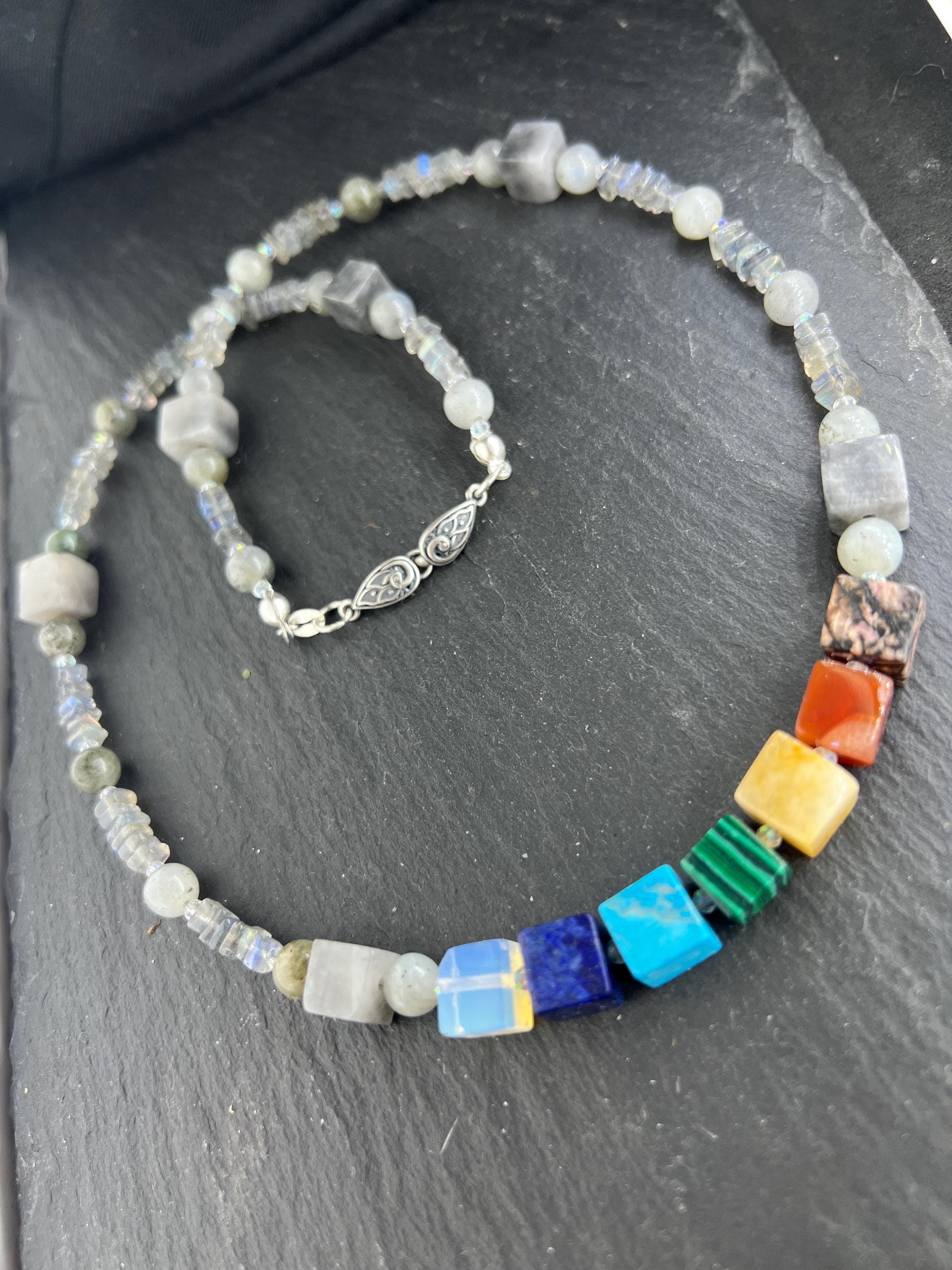 7 Chakra Necklace: Labradorite, Hawk Eye & 925 Sterling Silver