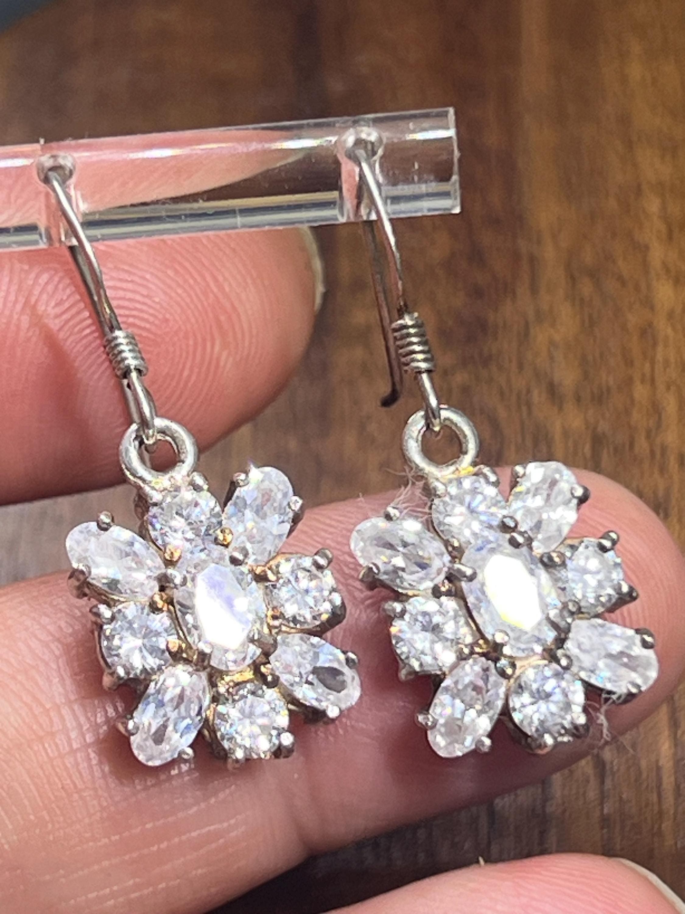 Vintage 1980 Floral Drop Earrings in 925 Sterling Silver with shiny Zirconia