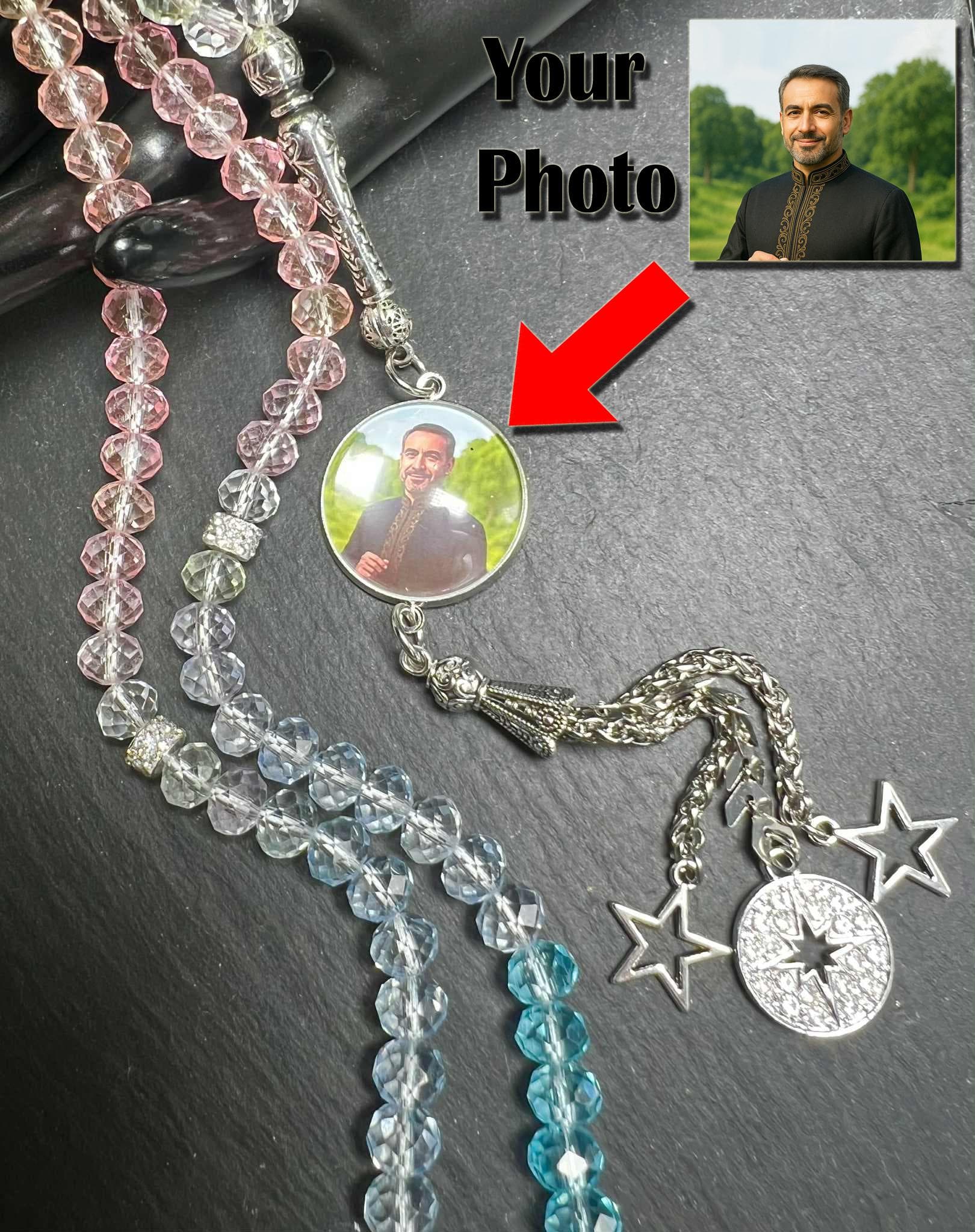 Personalized Tasbih with Photo Locket with a glass dome, Crystal 99 Beads Prayer Beads Gift in Ramadan & Eid.