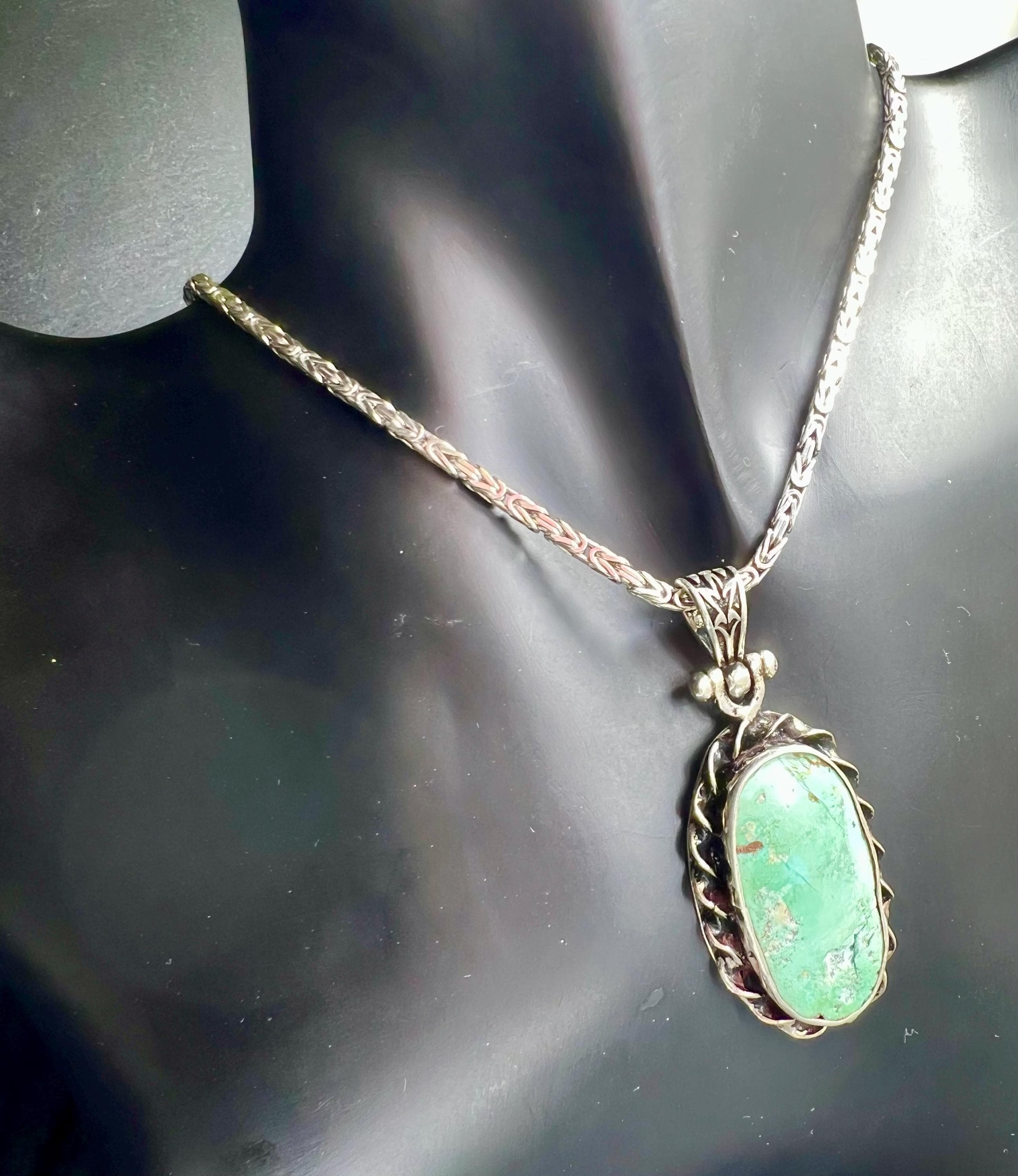 Vintage Turquoise pendant necklace, big natural turquoise gemstone in a 925 sterling silver frame, byzantine sterling silver chain.