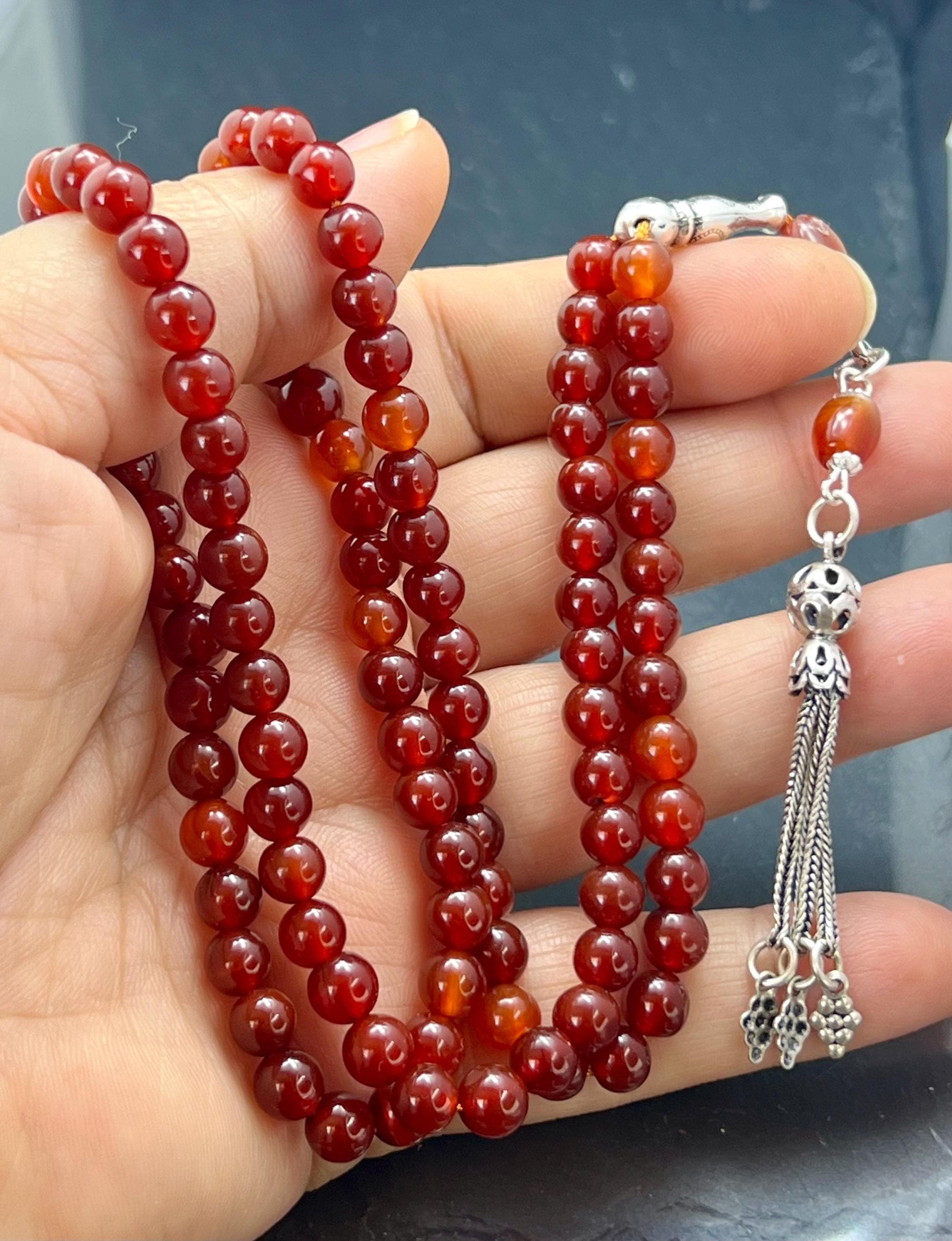 Red Agate tasbih,roter achat tesbih, islamic gift, handmade, 925 silver tassel, AkueShop