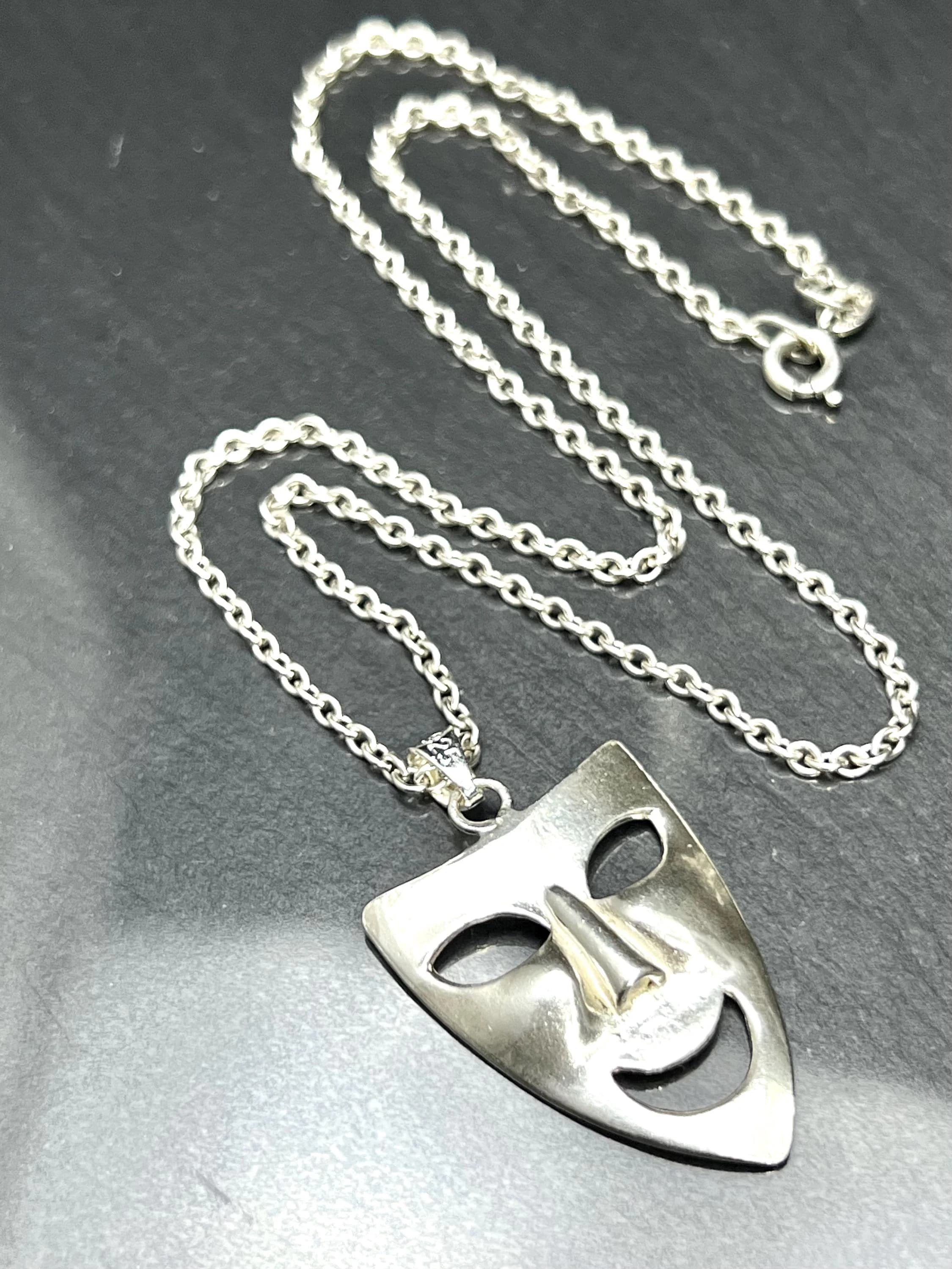 Vintage Sterling Silver Comedy Mask Pendant Necklace: Artistic Tribal Style