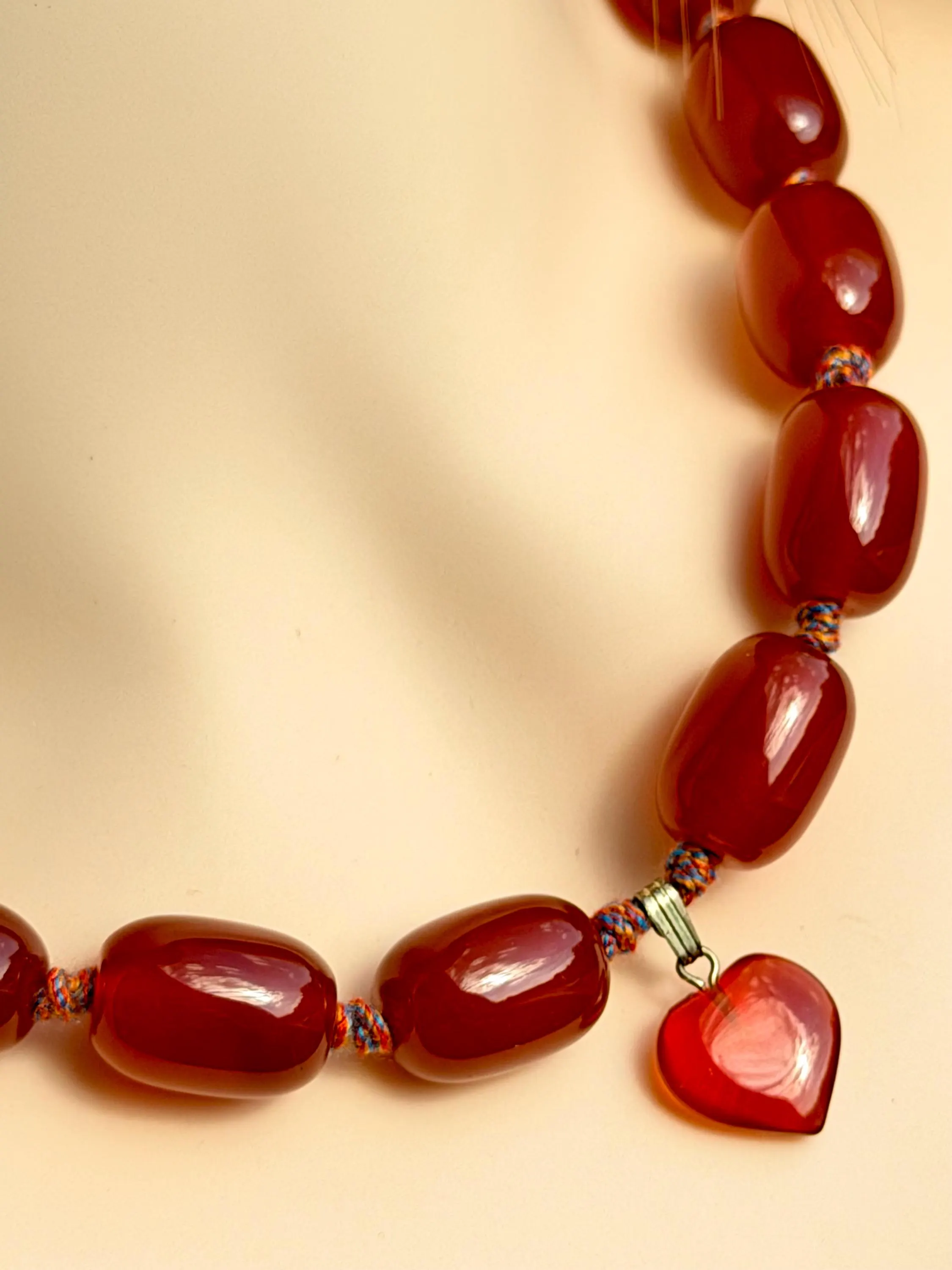 Red Agate necklace, chunky big size natural stone beads, heart pendant