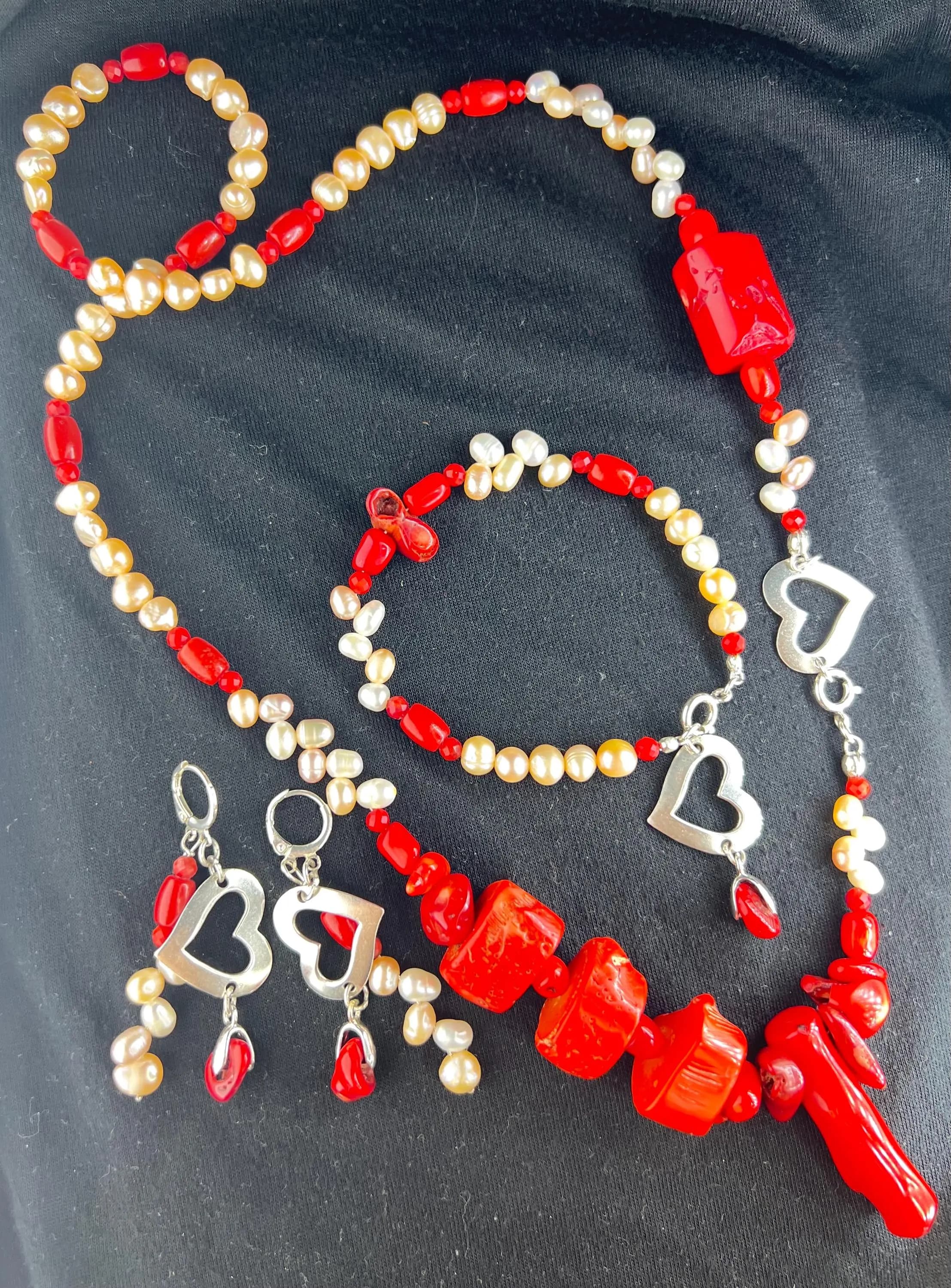 Natural Pearls and Coral jewellery, 925 Sterling Silver, White and red Necklace, Bracelet & Earring set