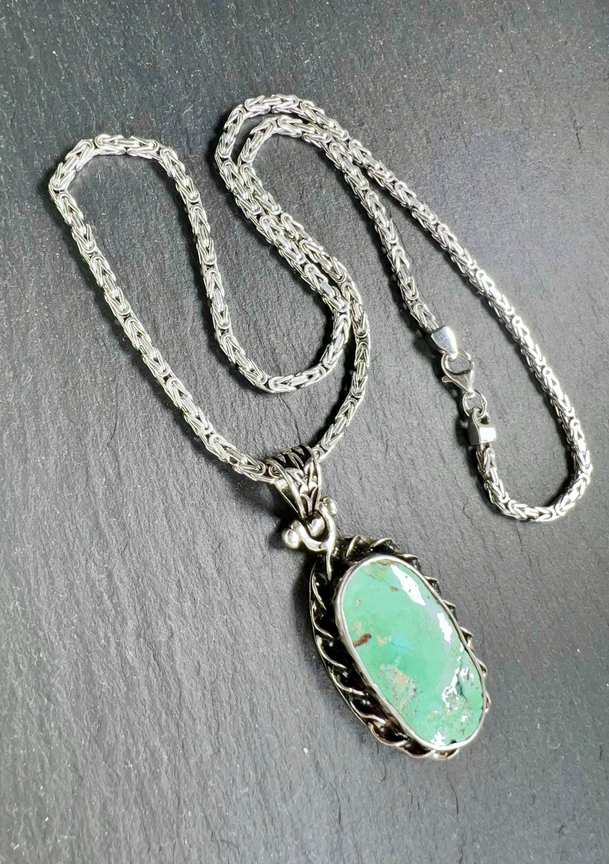 Vintage Turquoise pendant necklace, big natural turquoise gemstone in a 925 sterling silver frame, byzantine sterling silver chain.