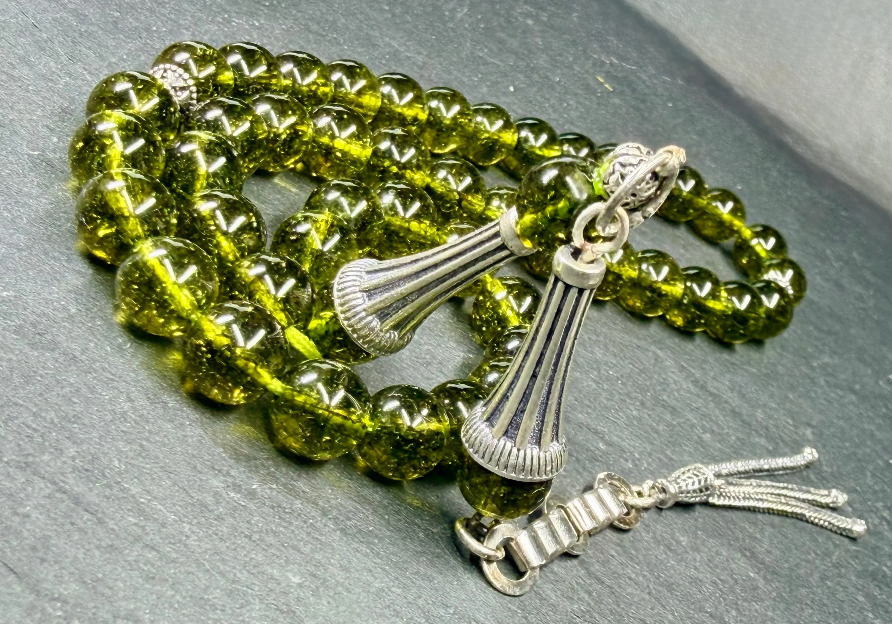 Peridot Tasbih: 925 Silver Tassel, Islamic Prayer Beads, Eid gift, natural stone beads