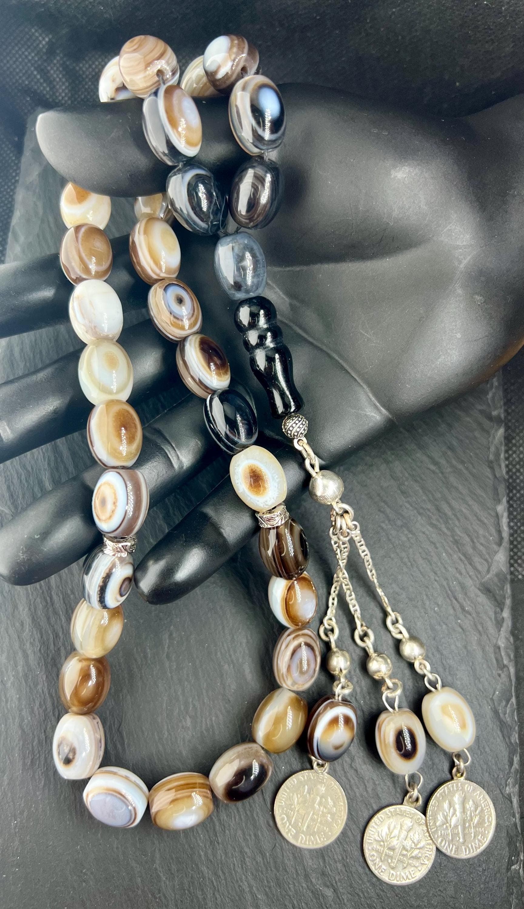 Natural Sulemani Akik Agate Tasbih giant 15mm, 925 Silver Tassel Healing Energy