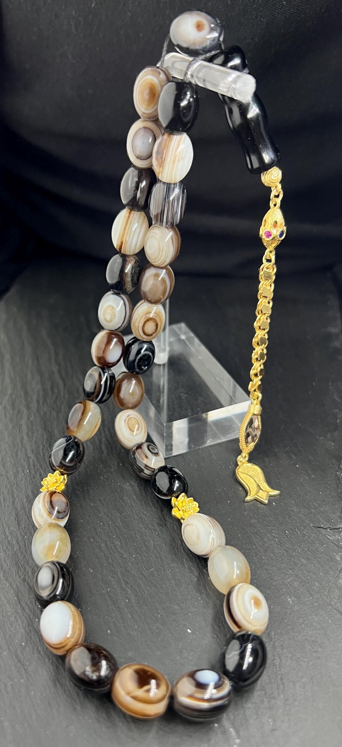 Sulemani Achat Tasbih, Akik Tesbih, Aqeeq Misbaha, Islamic geschenke, Eid Aladha, 925er silbere Quaste, vegoldete Lotosblume, black agate prayer beads