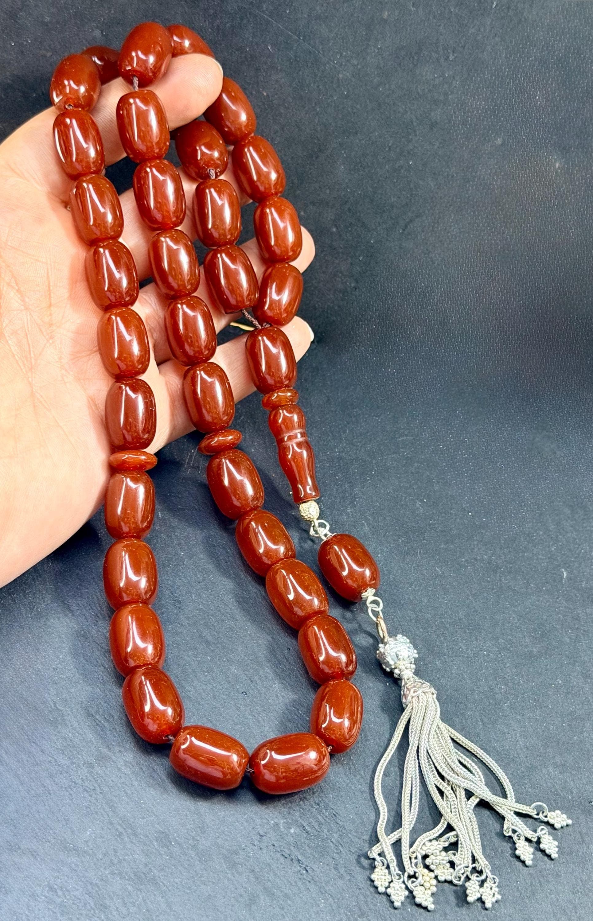 Giant Red Agate Tasbih Prayer Beads: Sterling Silver Tassel, Islamic Gift
