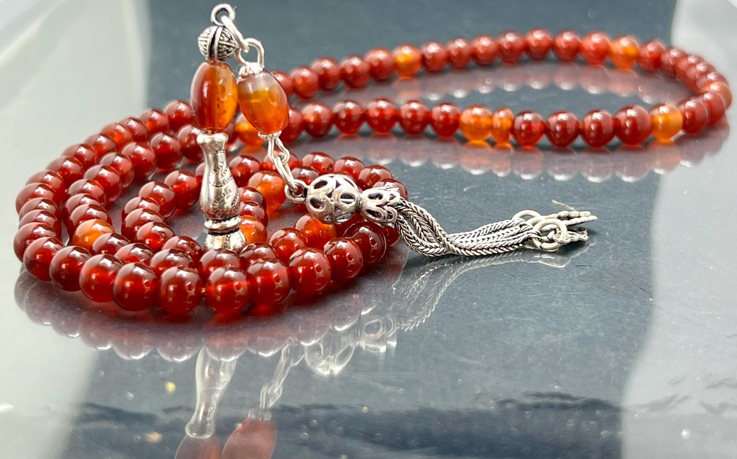 Red Agate tasbih,roter achat tesbih, islamic gift, handmade, 925 silver tassel, AkueShop