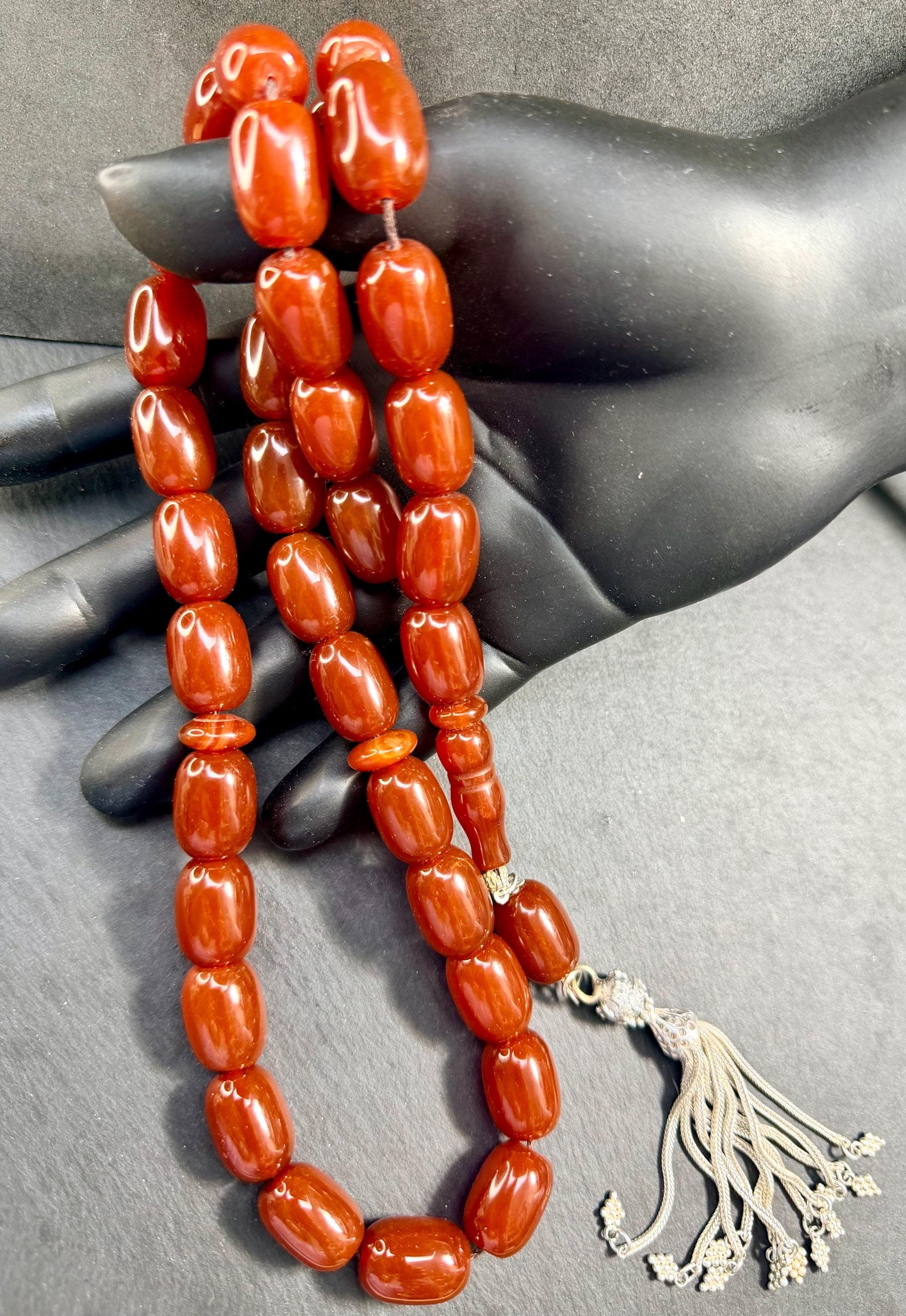 Giant Red Agate Tasbih Prayer Beads: Sterling Silver Tassel, Islamic Gift
