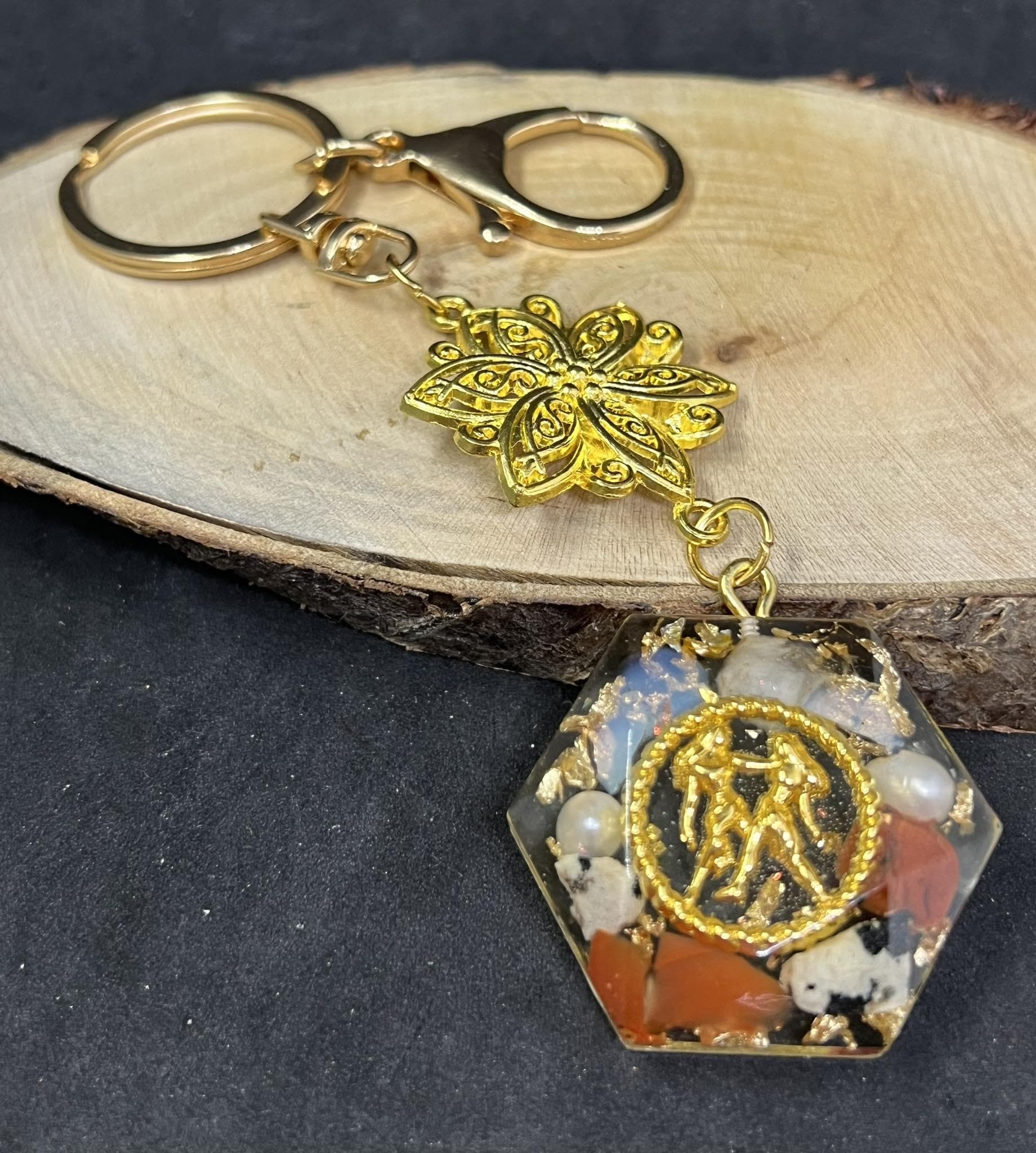 Gemini Keyring Luck Stones Energy Pendant Resin Reiki Meditation Energy