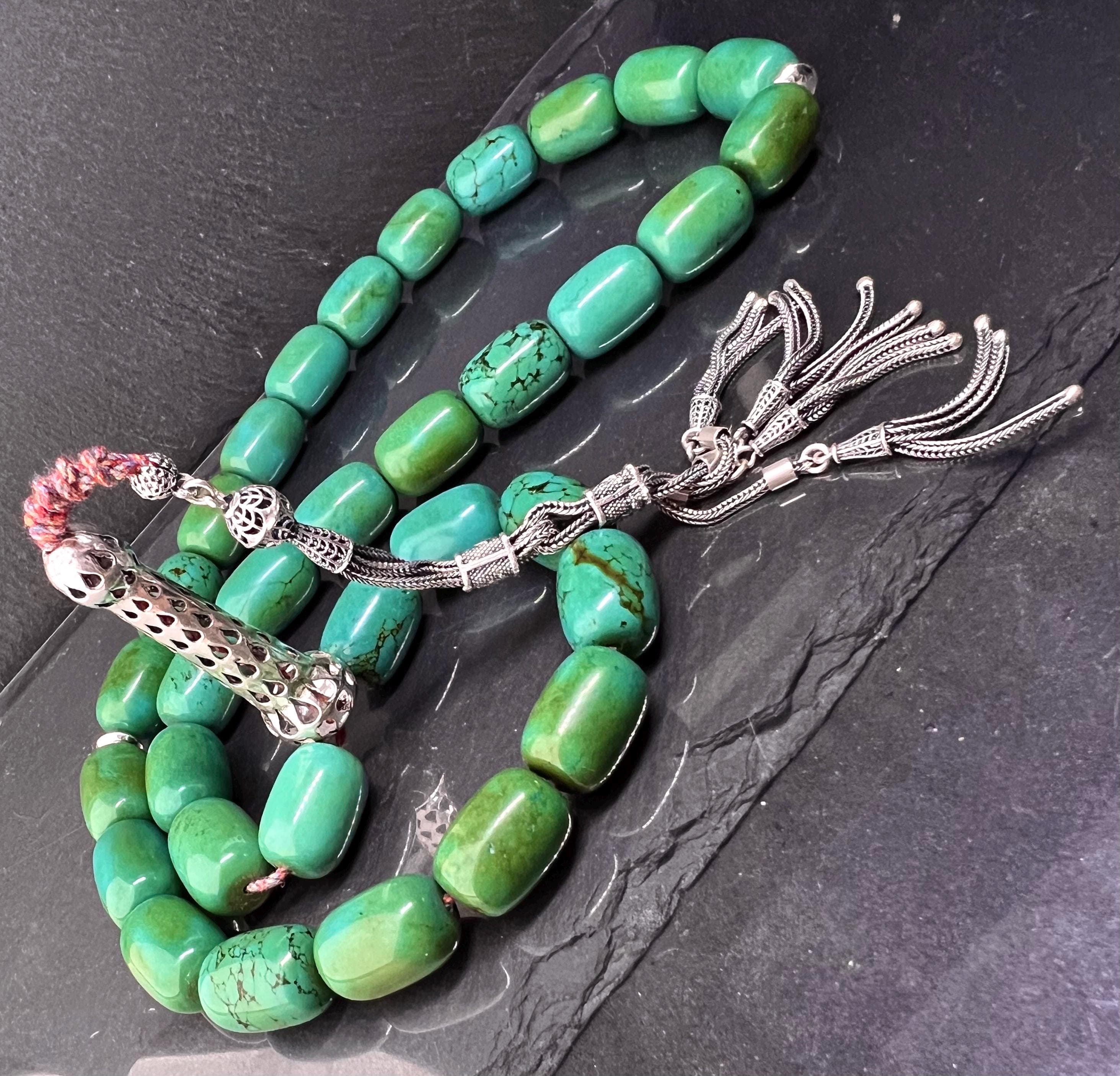 Giant Tasbih, Turquoise Chrysocolla, 33 Prayer Beads, 925 Silver Minaret, Handmade Misbaha, Natural Gemstone, 186g