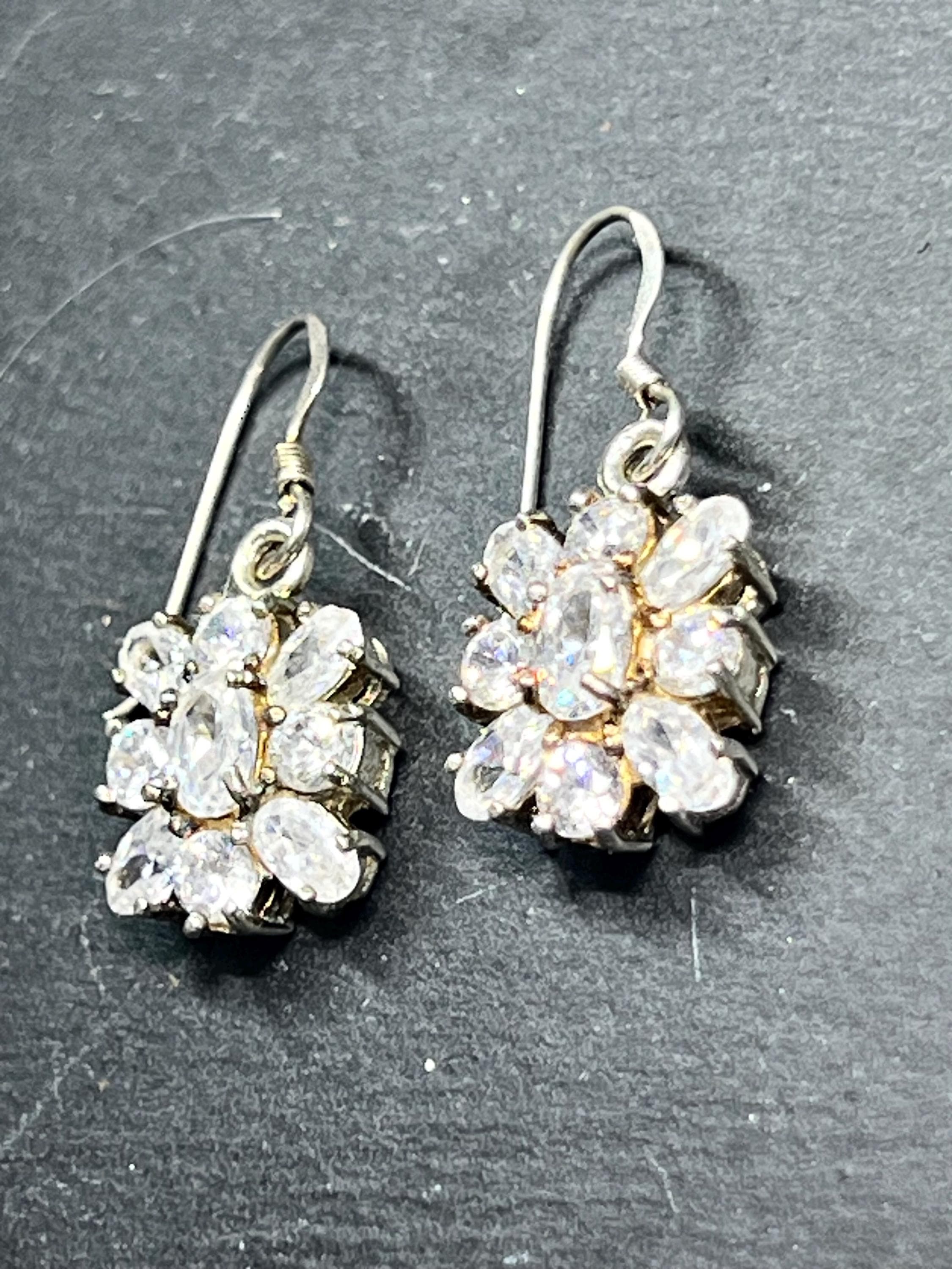 Vintage 1980 sterling silver drop earrings with floral cubic zirconia cluster design,