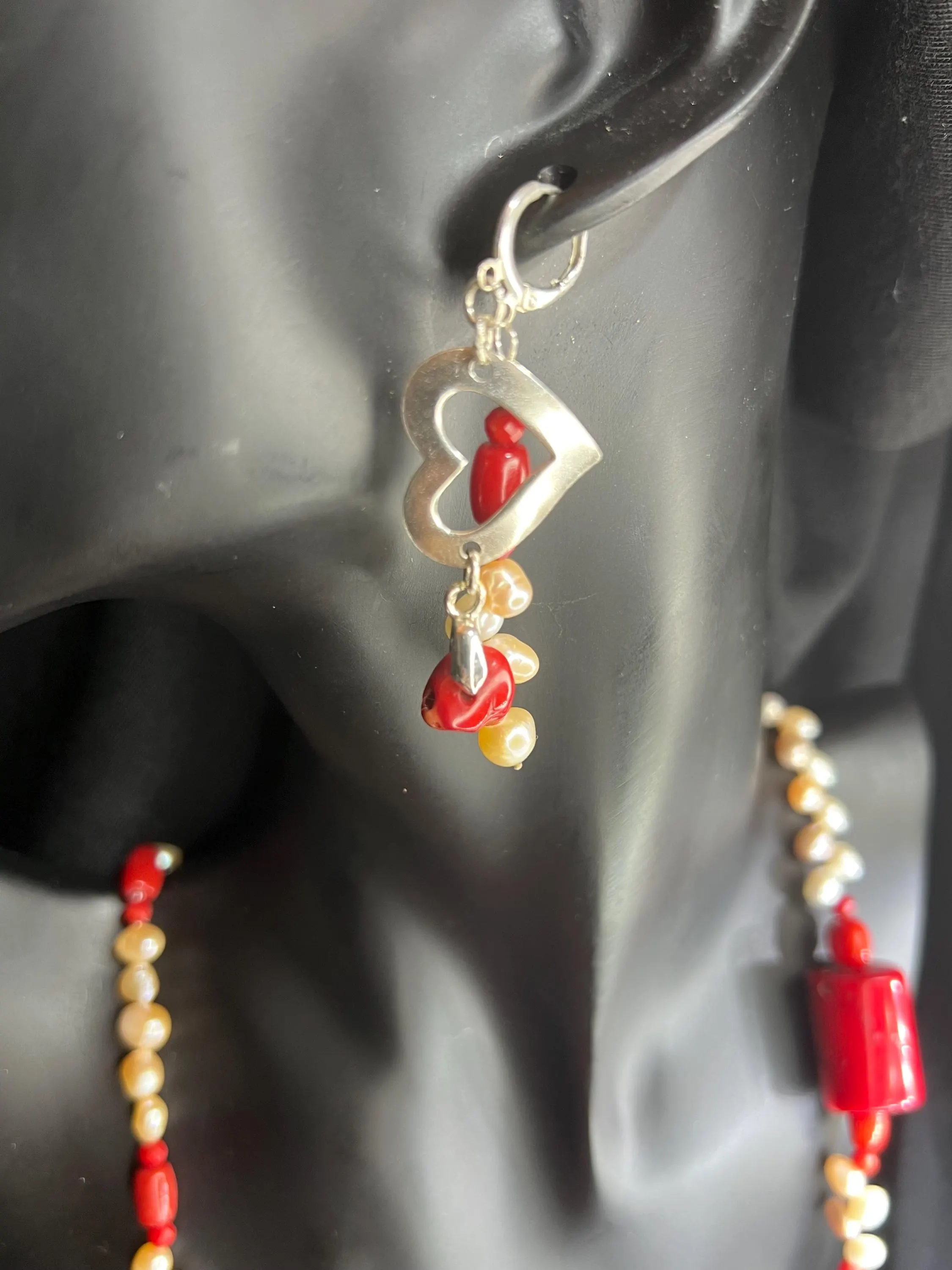 White and red Set, Necklace, Bracelet & Earring, Pearls and Coral jewellery, 925 Sterling Silver