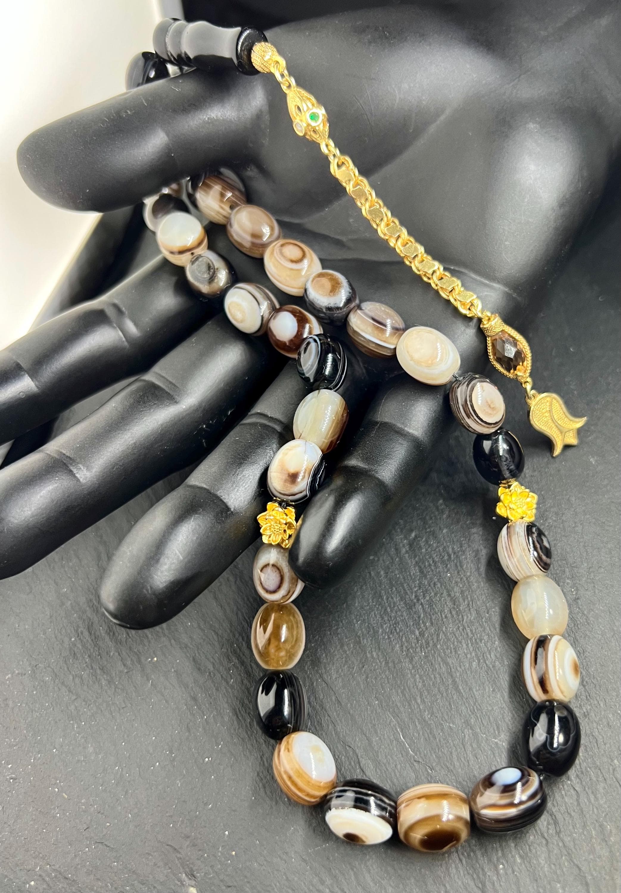 Sulemani Achat Tasbih, Akik Tesbih, Aqeeq Misbaha, Islamic geschenke, Eid Aladha, 925er silbere Quaste, vegoldete Lotosblume, black agate prayer beads