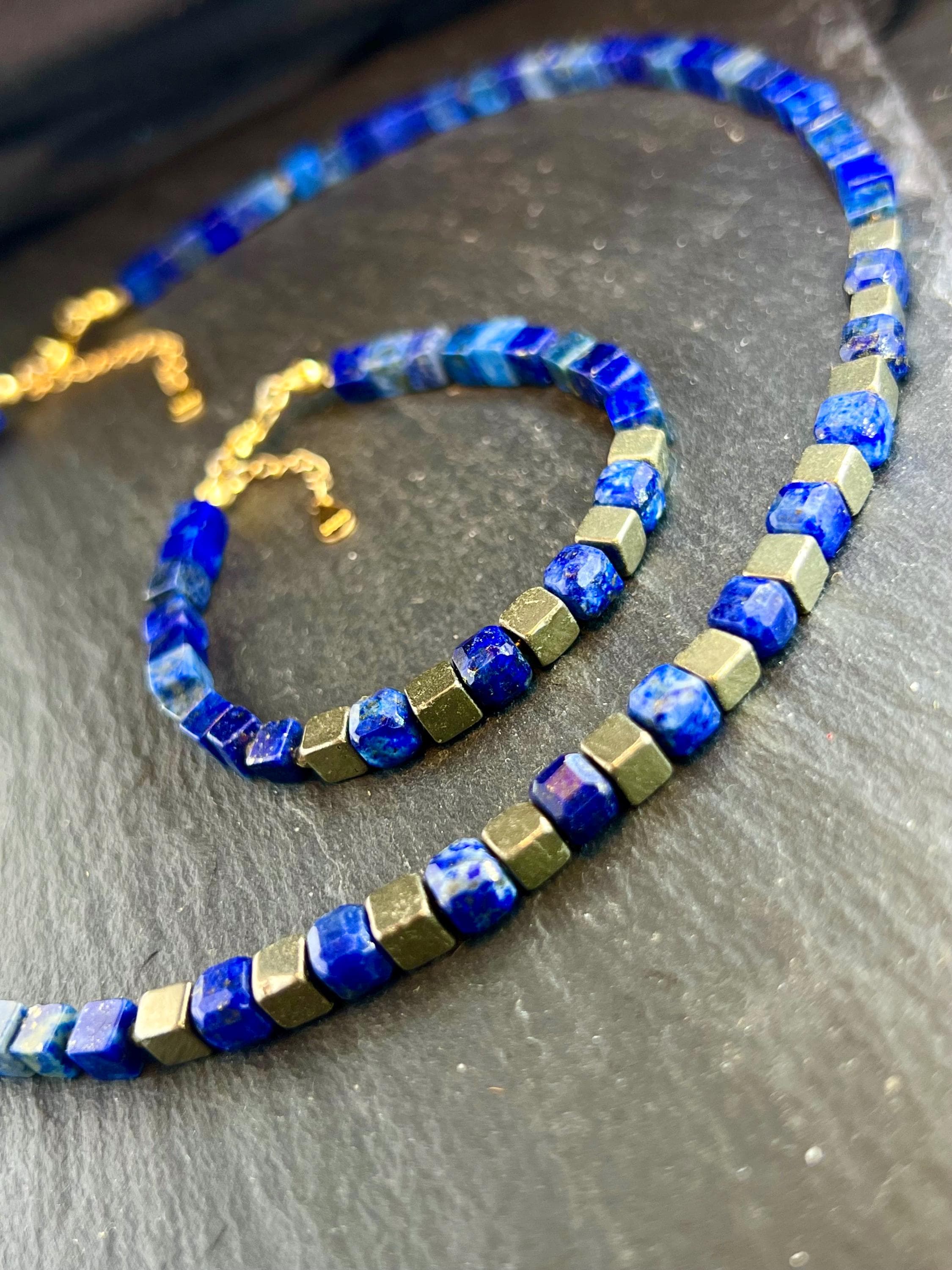 Lapislazuli Halskette Und Armband, Natürliches Edelstein, Schmuckset, 925Er Silber Vergoldet