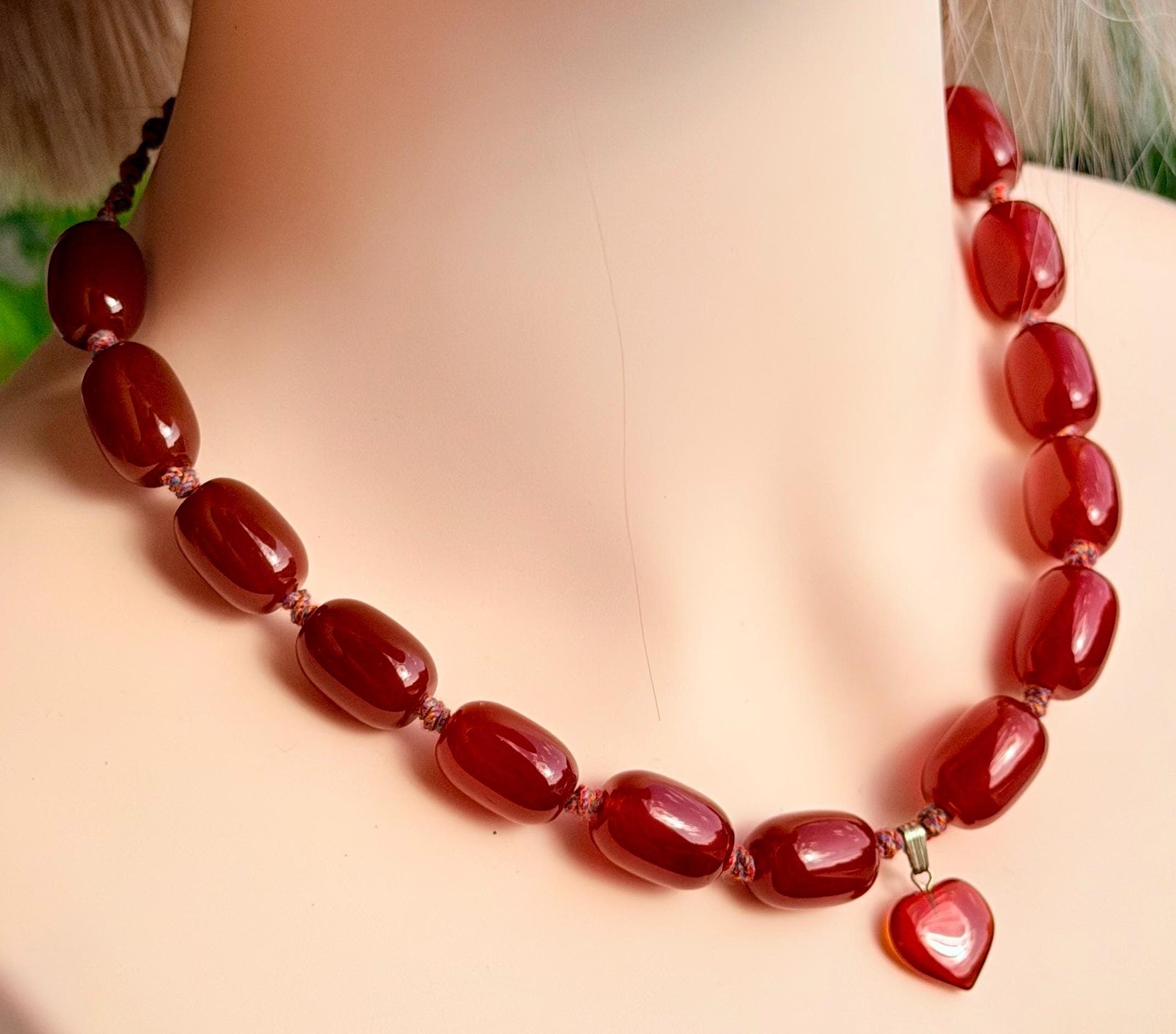 Red Agate necklace, chunky big size natural stone beads, heart pendant