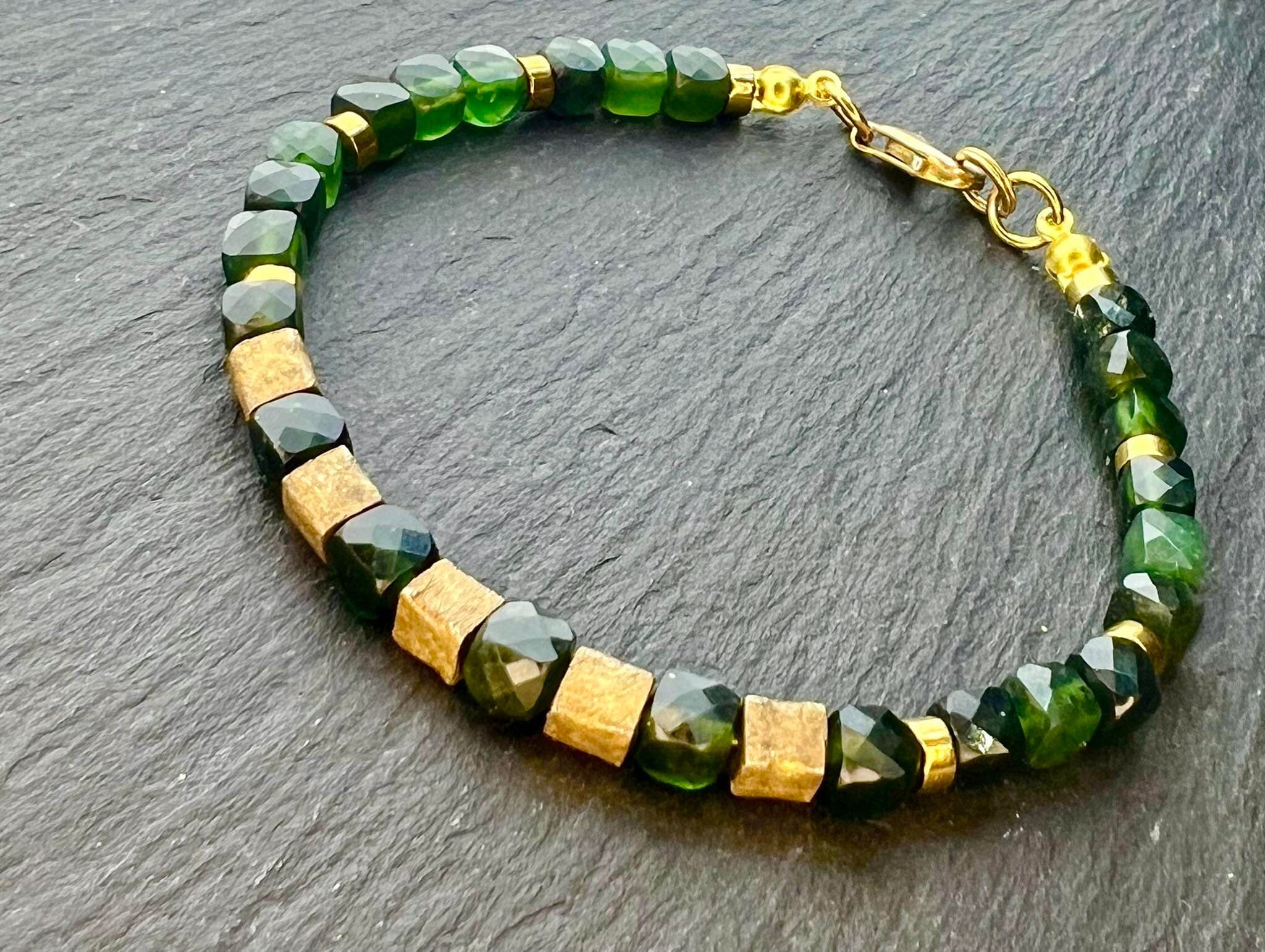 Handmade Green Jade Bracelet: Bronze Cube Beads, Heart Chakra