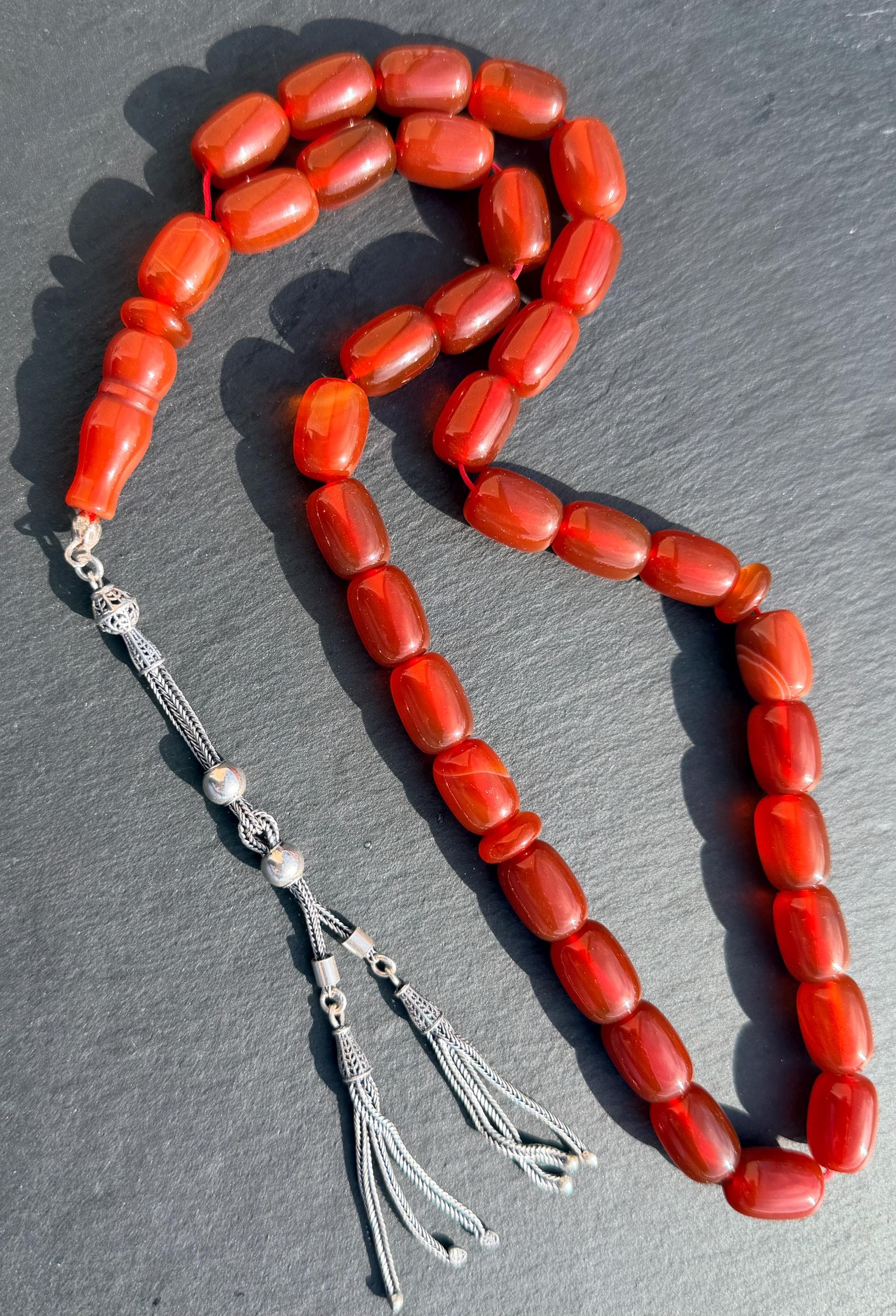 Red Agate Tasbih Prayer Beads: Sterling Silver Tassel, Islamic Gift